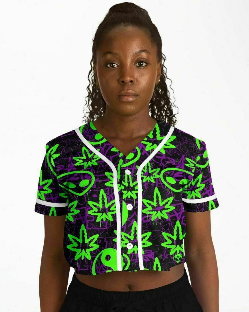 Ganja Graffiti Cropped Baseball Jersey, Cropped Baseball Jersey, - One Stop Rave