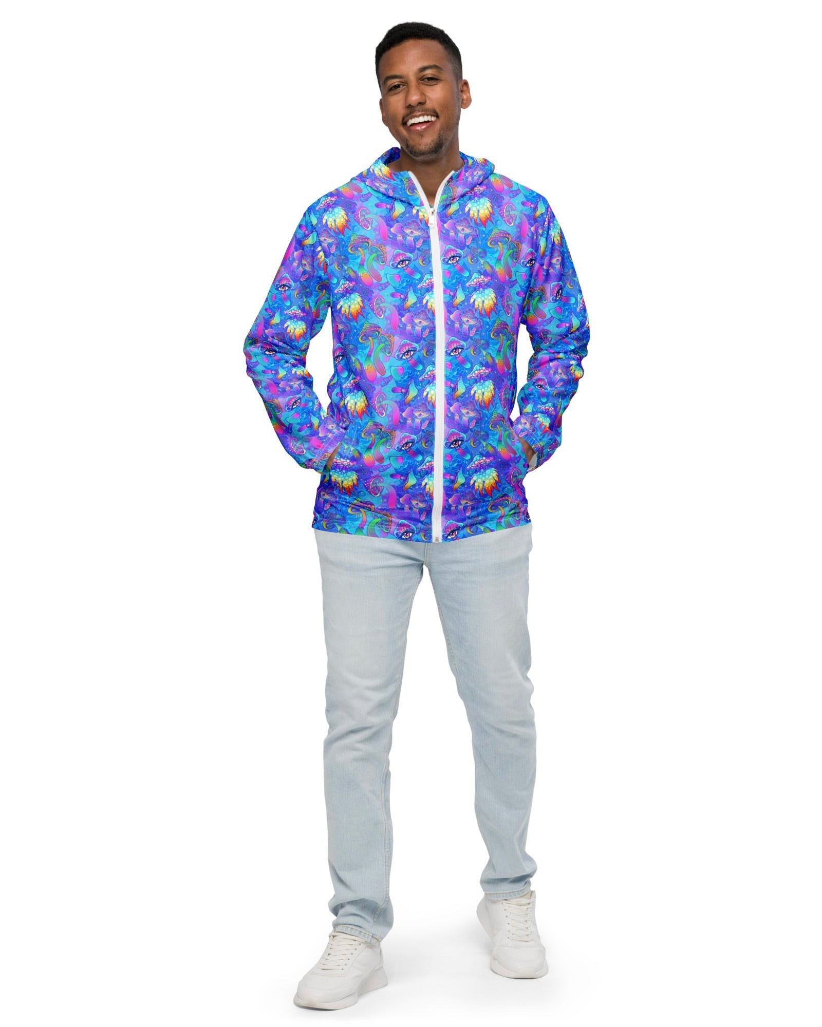 Shroomin Blue Windbreaker, Zip-Up Jacket, - One Stop Rave