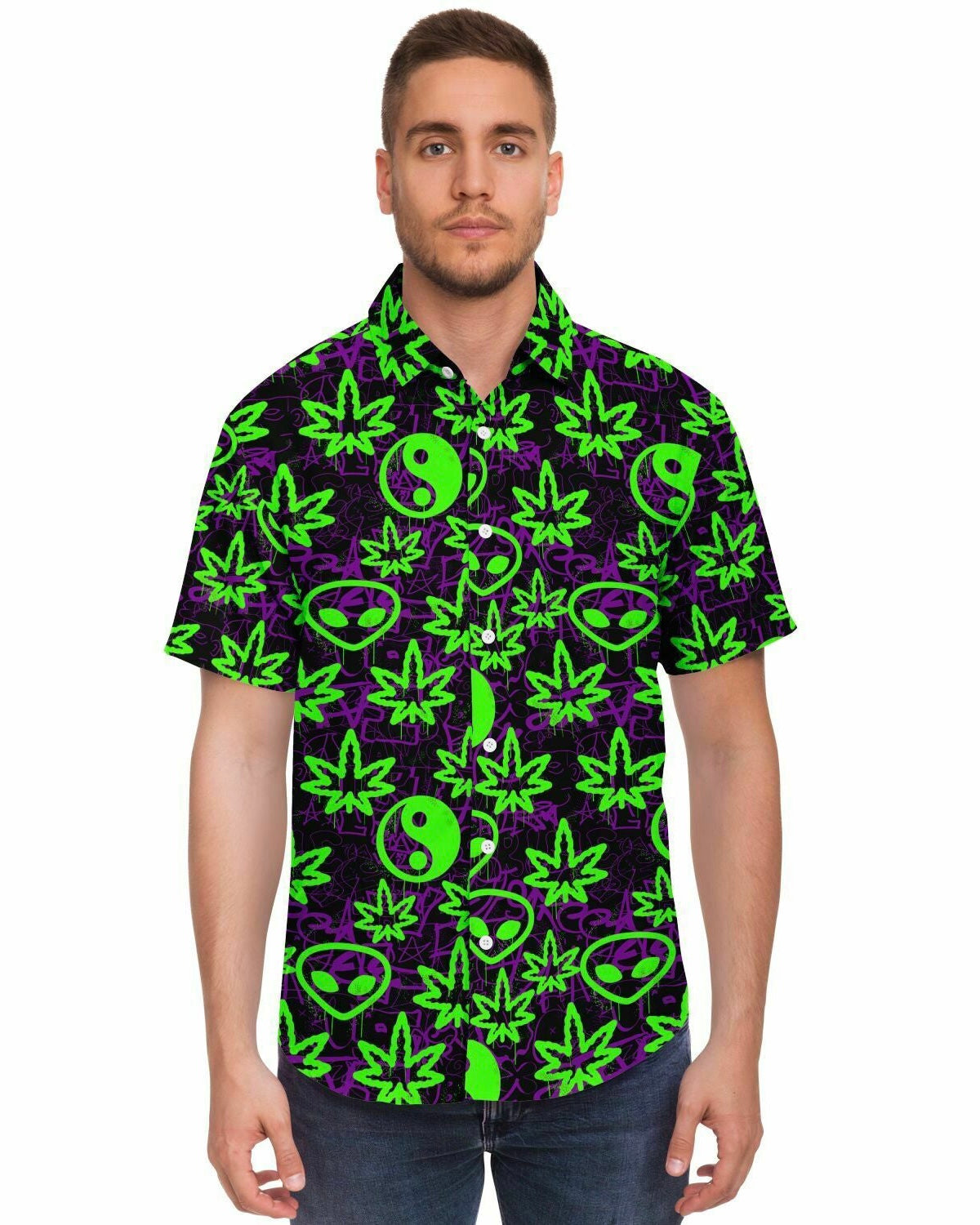 Ganja Graffiti Party Shirt, Short Sleeve Button Down Shirt - AOP, - One Stop Rave