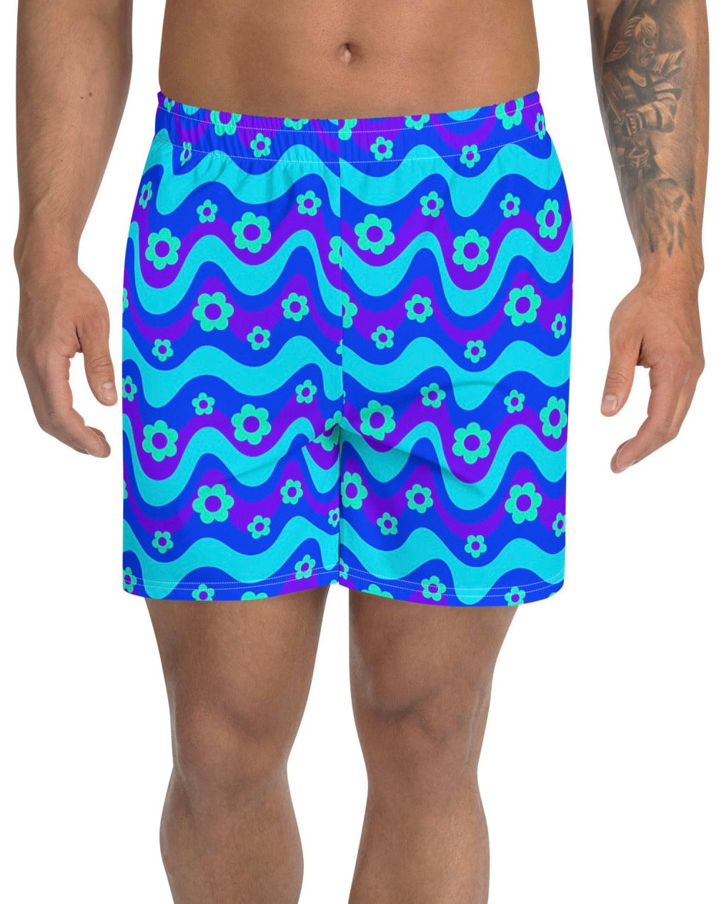 Flower Power Blue Recycled Athletic Shorts, Athletic Shorts, - One Stop Rave