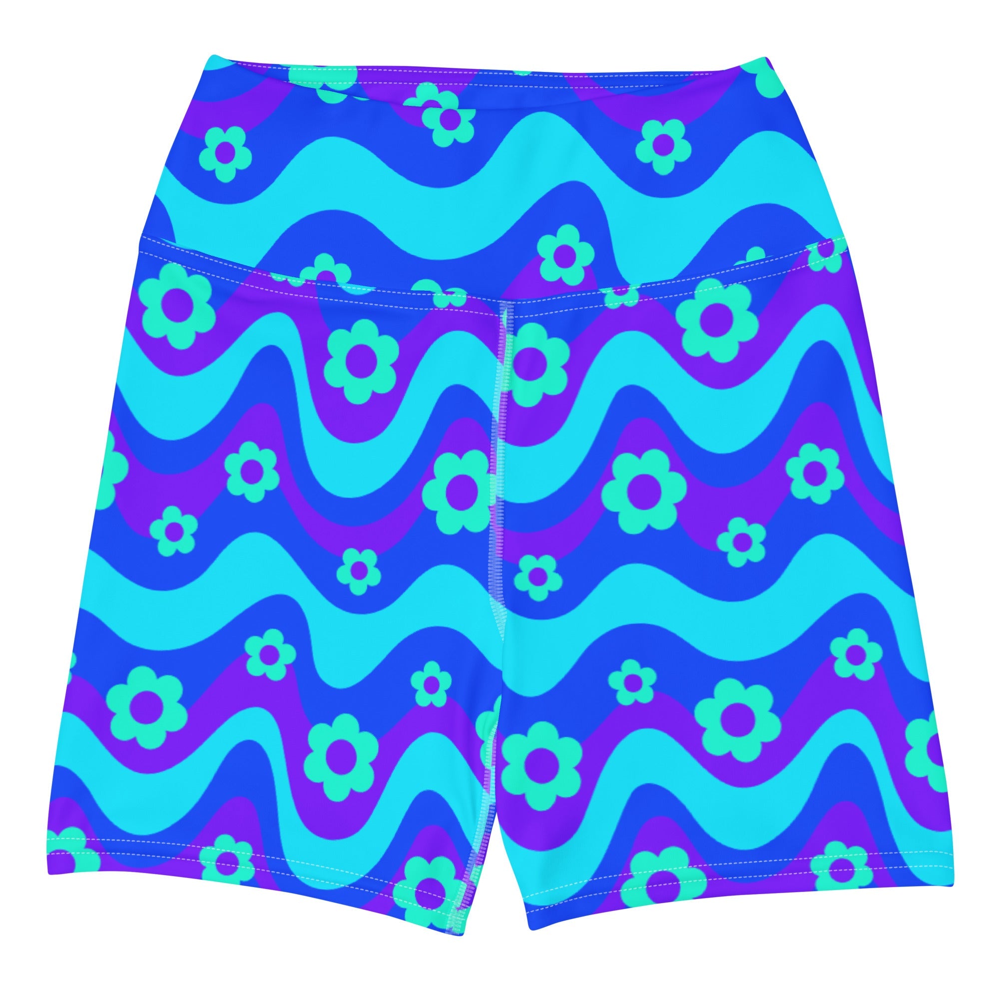 Flower Power Blue Yoga Shorts, Yoga Shorts, - One Stop Rave