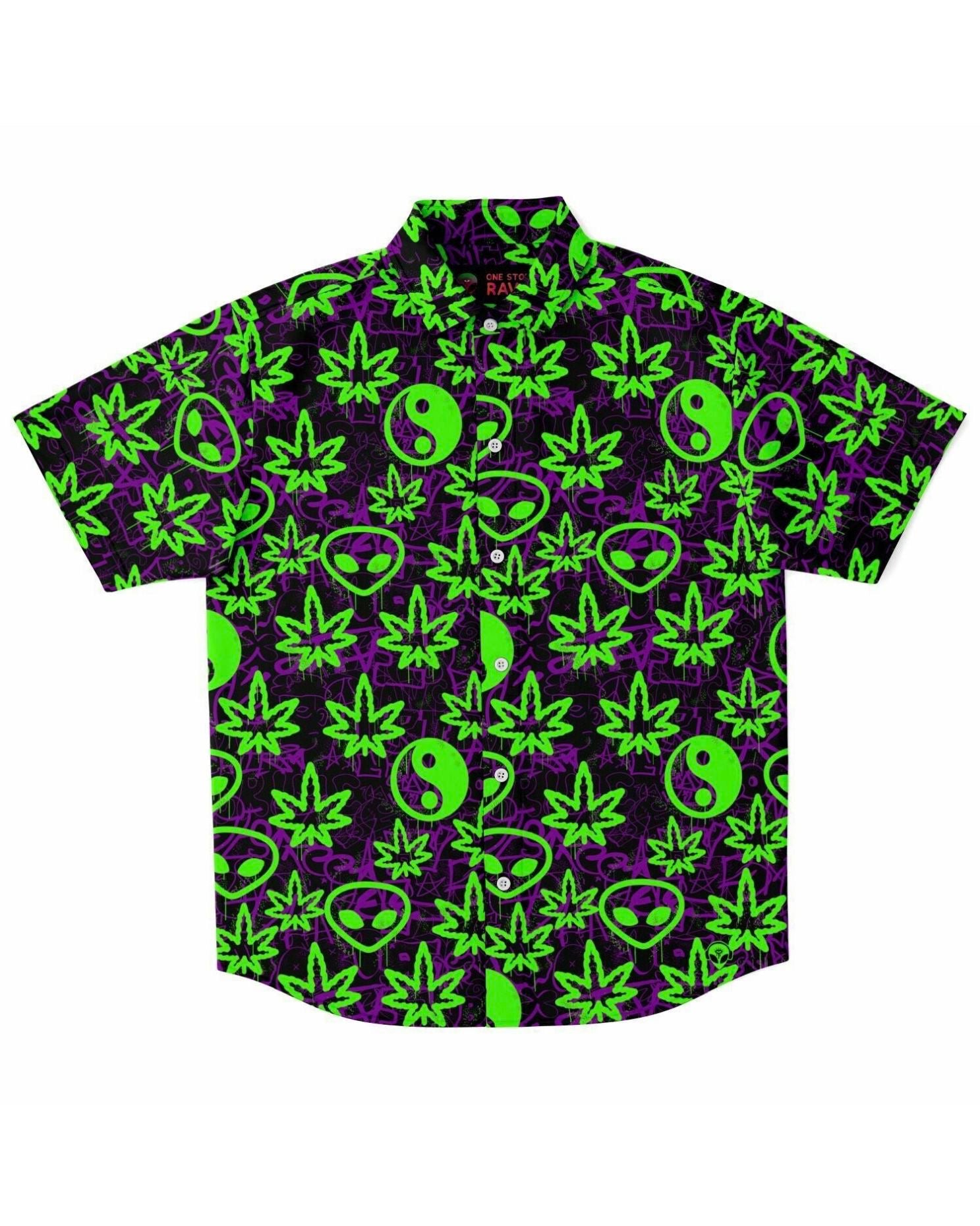 Ganja Graffiti Party Shirt, Short Sleeve Button Down Shirt - AOP, - One Stop Rave