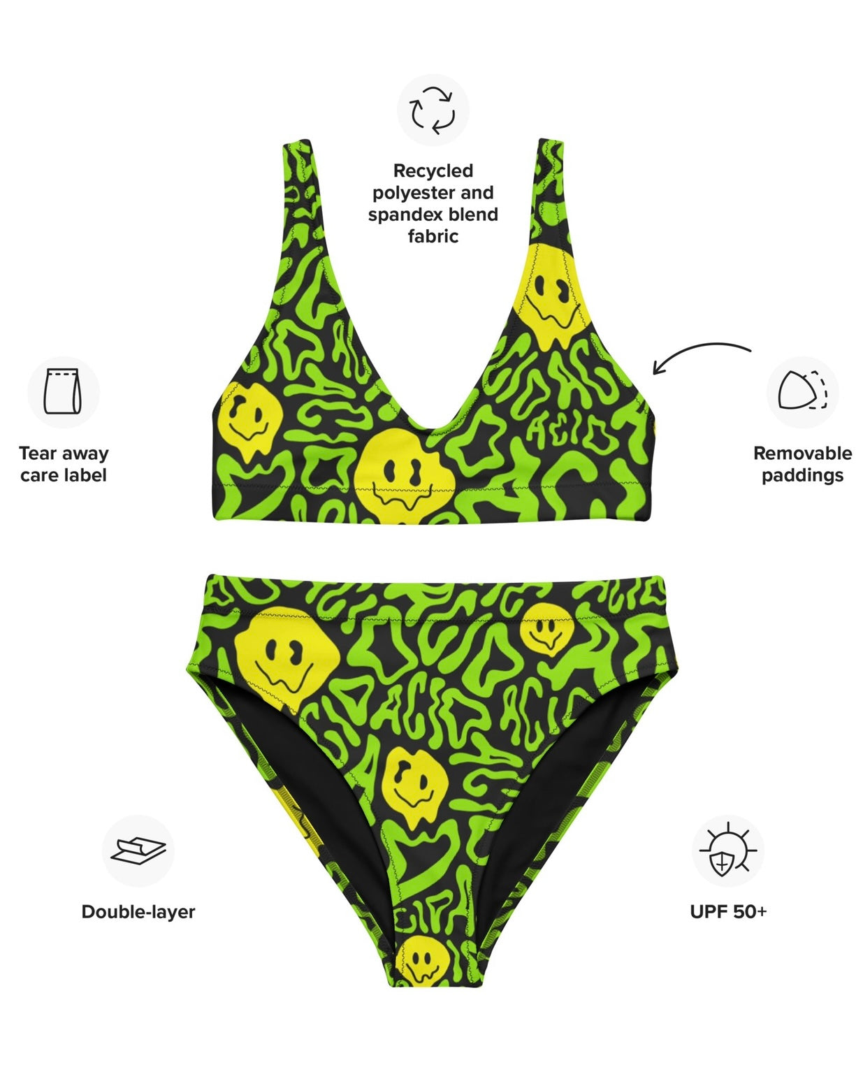 Acid Smilez Recycled High Waisted Bottoms, High-Waisted Bottoms, - One Stop Rave