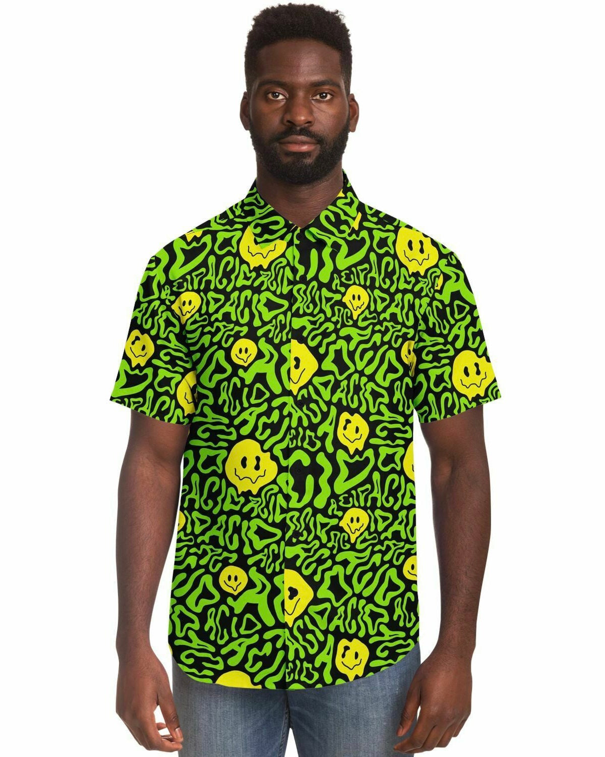Acid Smilez Party Shirt, Short Sleeve Button Down Shirt, - One Stop Rave
