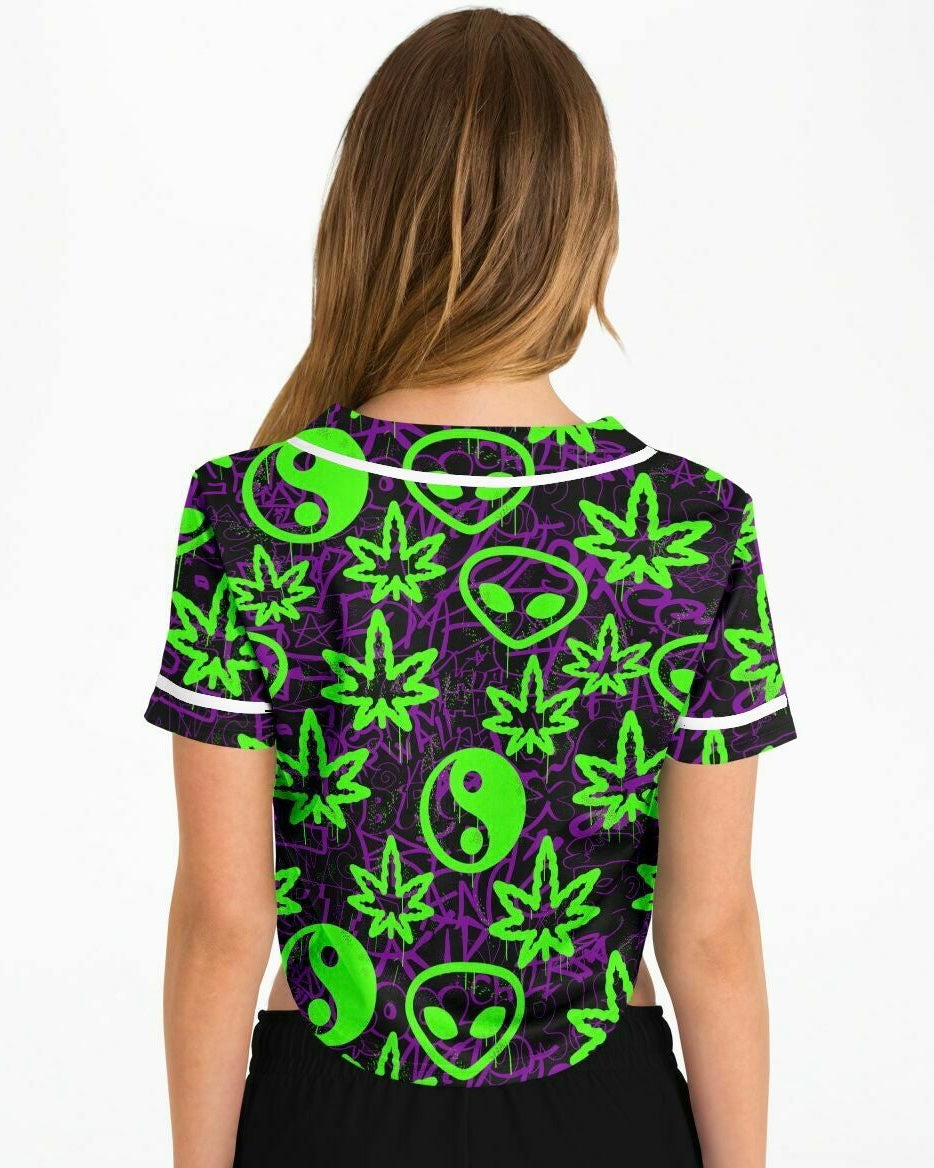 Ganja Graffiti Cropped Baseball Jersey, Cropped Baseball Jersey, - One Stop Rave