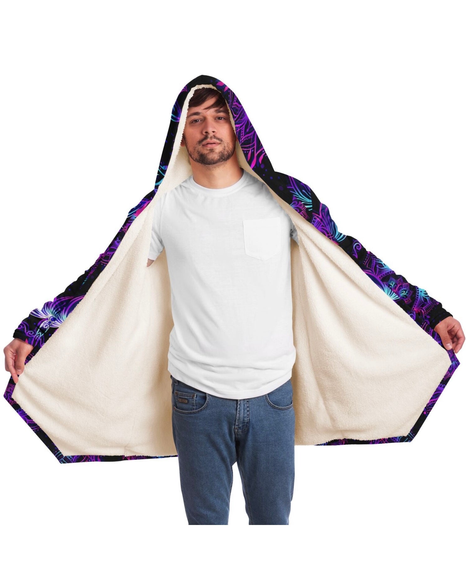 Model facing forward, holding the Starlight Mandala Cloak open to reveal its soft fleece interior.