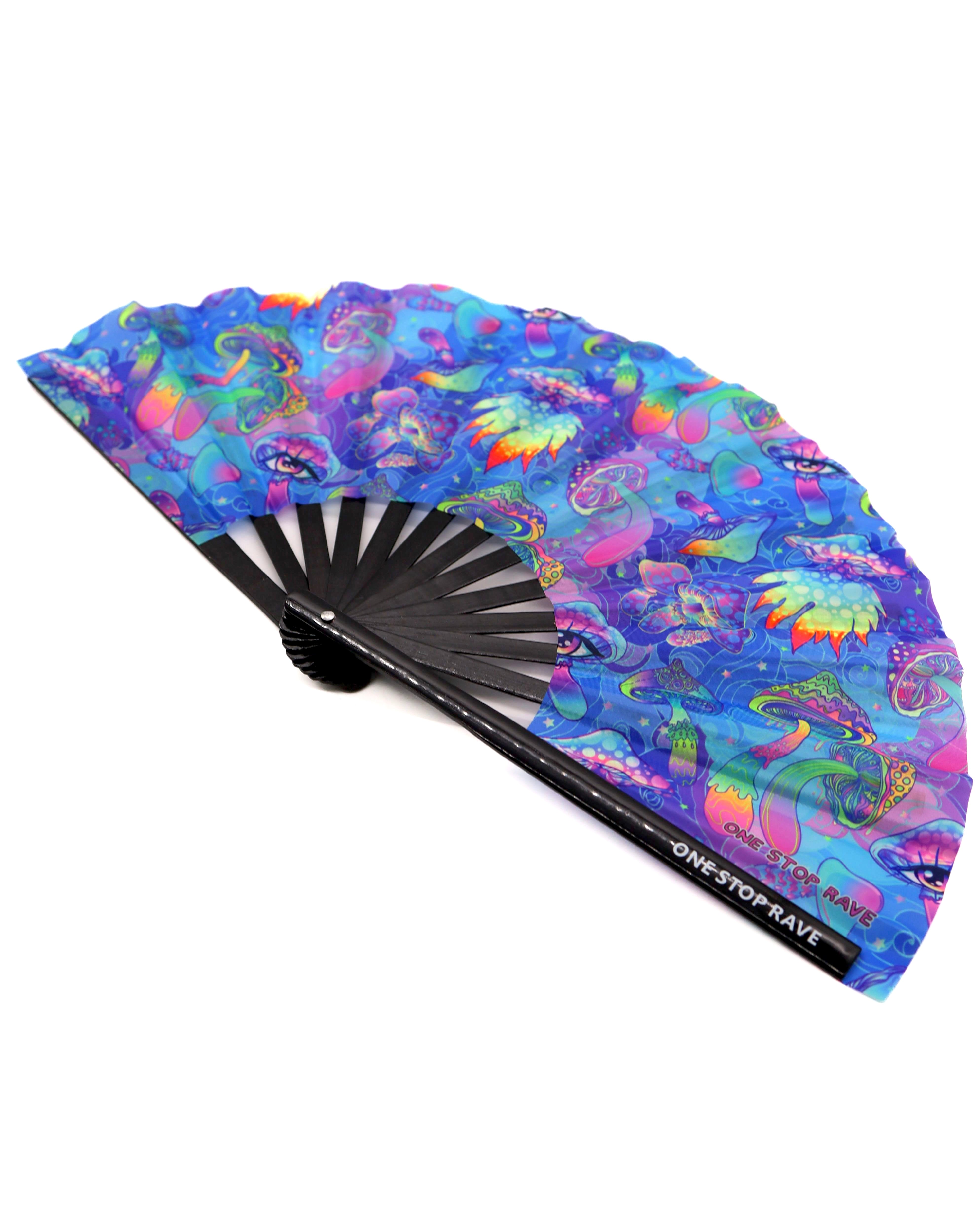 Shroomin Blue Hand Fan, Festival Fans 13.5", - One Stop Rave