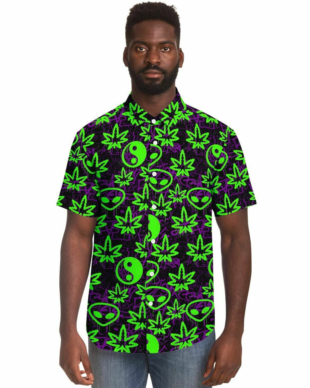 Ganja Graffiti Party Shirt, Short Sleeve Button Down Shirt - AOP, - One Stop Rave