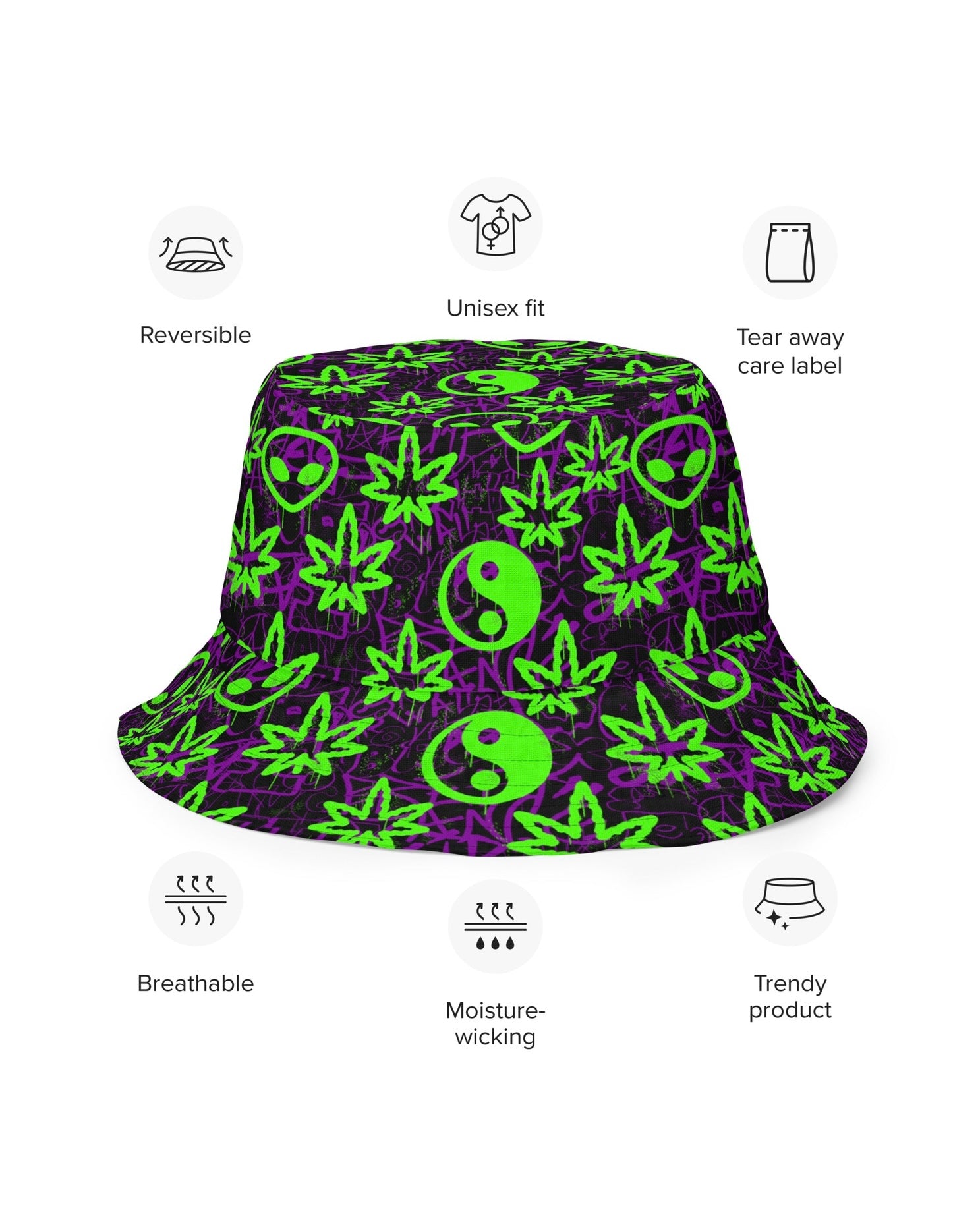 Ganja Graffiti Reversible Bucket Hat, Bucket Hat, - One Stop Rave