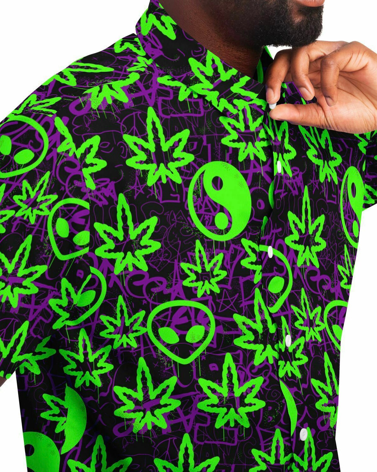 Ganja Graffiti Party Shirt, Short Sleeve Button Down Shirt - AOP, - One Stop Rave