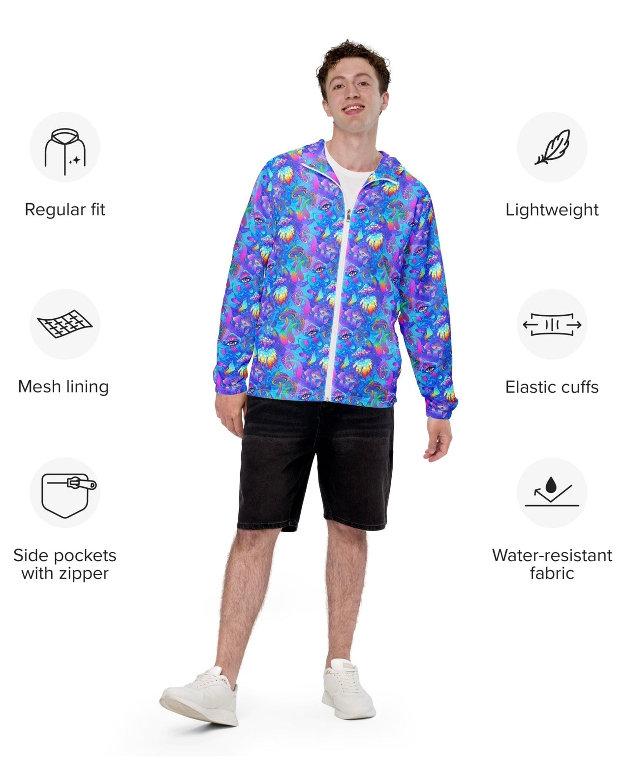 Shroomin Blue Windbreaker, Zip-Up Jacket, - One Stop Rave