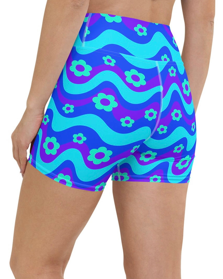 Flower Power Blue Yoga Shorts, Yoga Shorts, - One Stop Rave