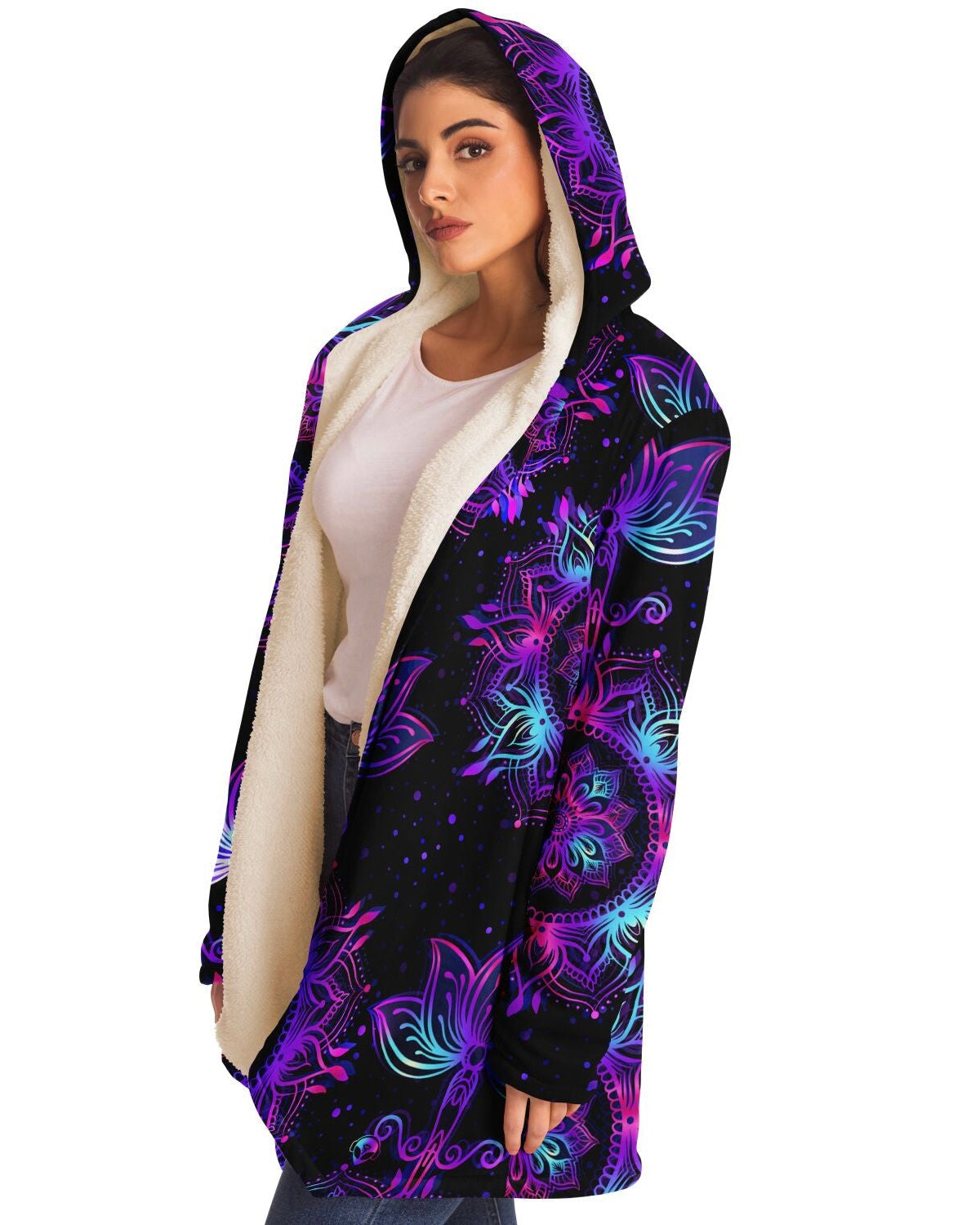 Alternate side-front view of the female model displaying the intricate design of the Starlight Mandala Cloak