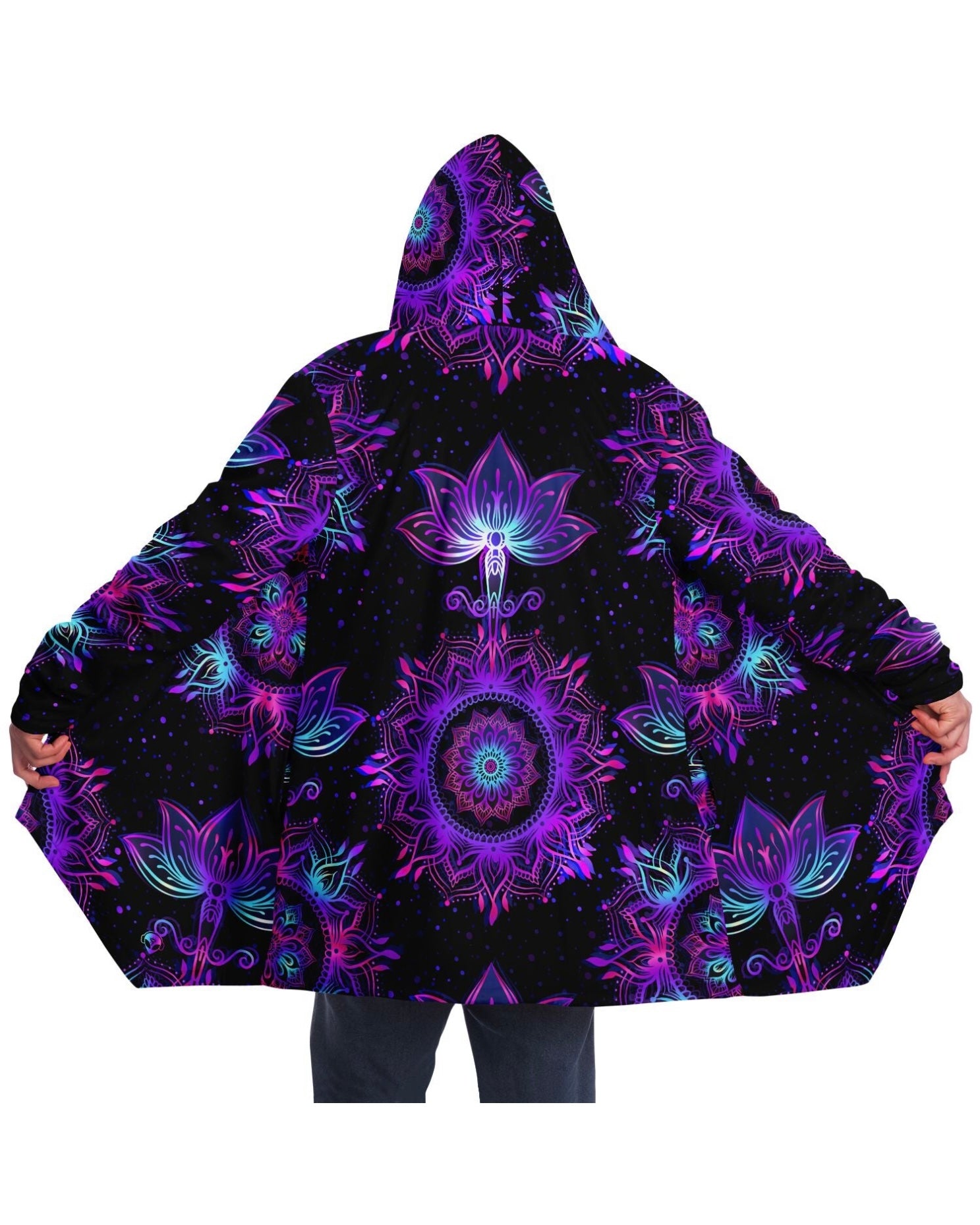 Model showcasing the full design of the Starlight Mandala Cloak from the back with the cloak spread open.