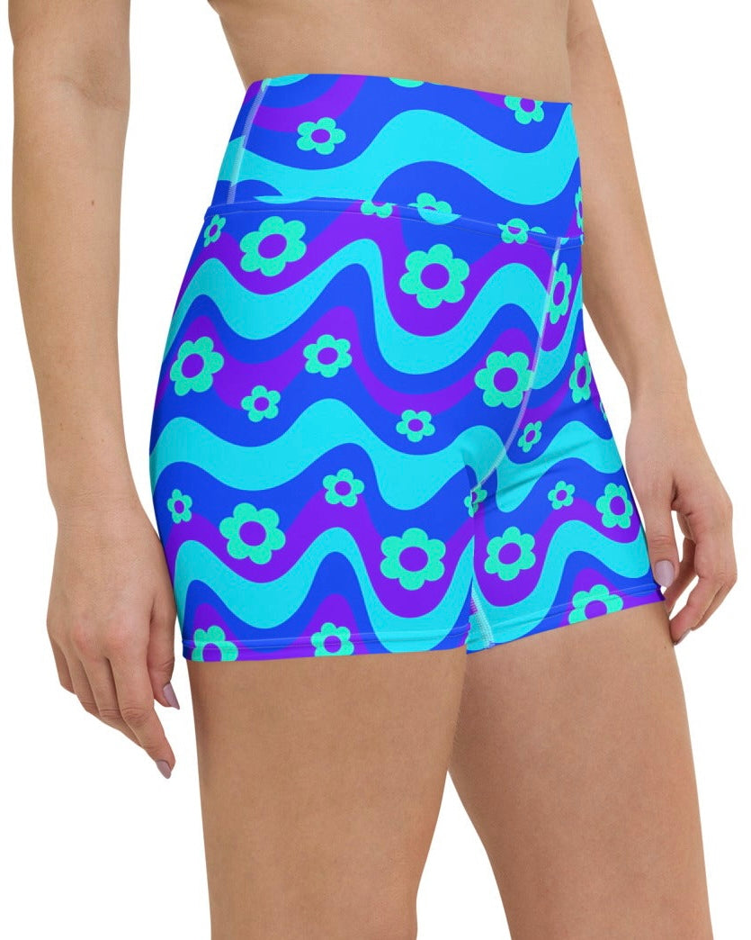 Flower Power Blue Yoga Shorts, Yoga Shorts, - One Stop Rave