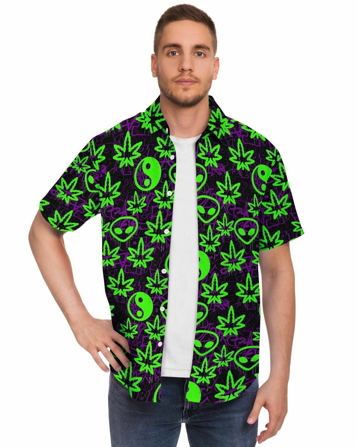 Ganja Graffiti Party Shirt, Short Sleeve Button Down Shirt - AOP, - One Stop Rave