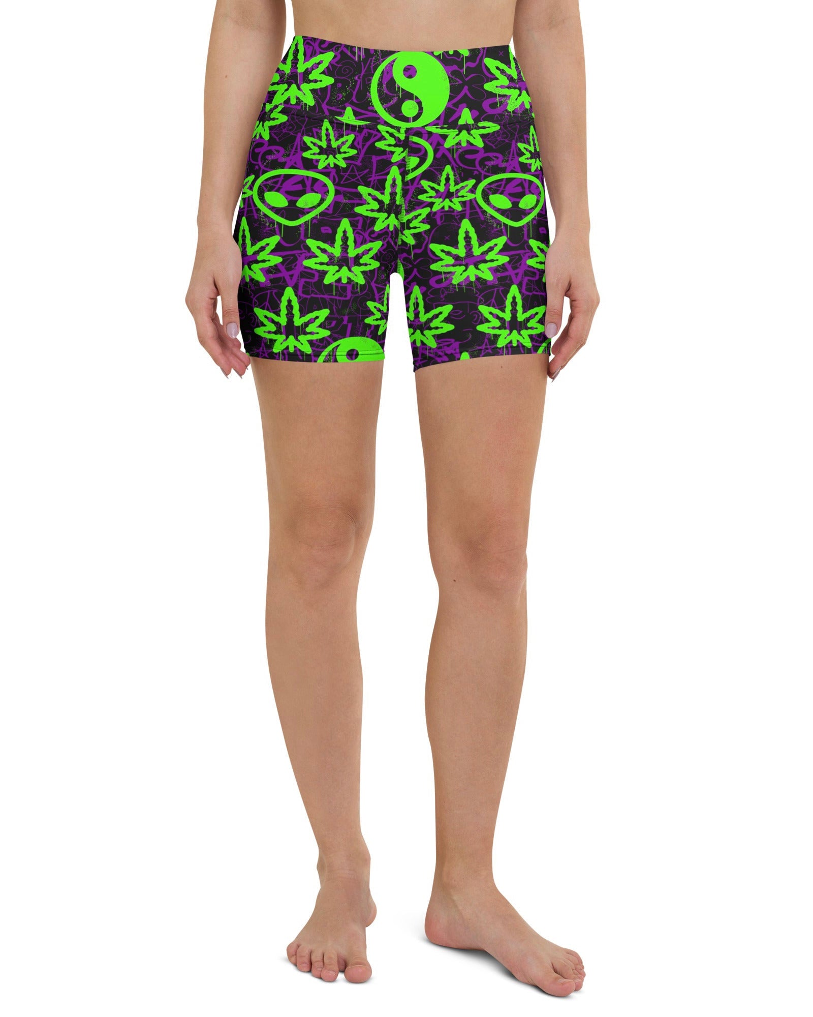 Ganja Graffiti Yoga Shorts, Yoga Shorts, - One Stop Rave
