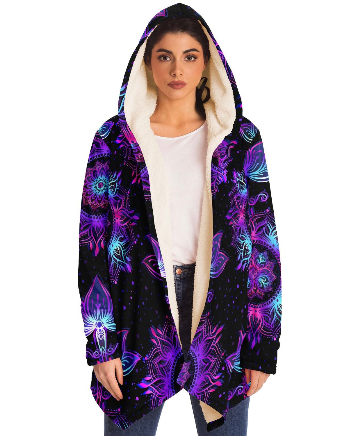 Female model presenting a frontal view in the Starlight Mandala Cloak.