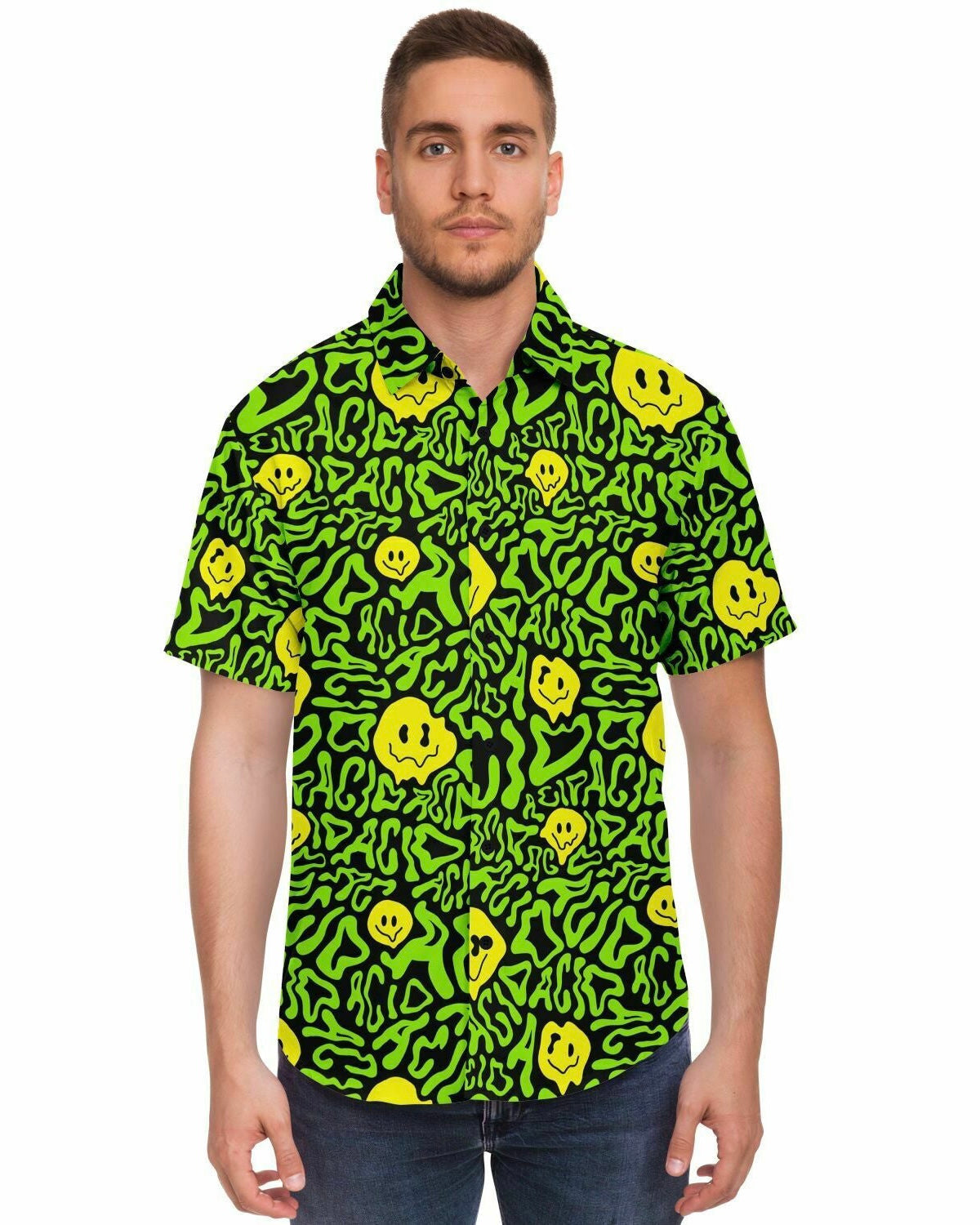 Acid Smilez Party Shirt, Short Sleeve Button Down Shirt, - One Stop Rave