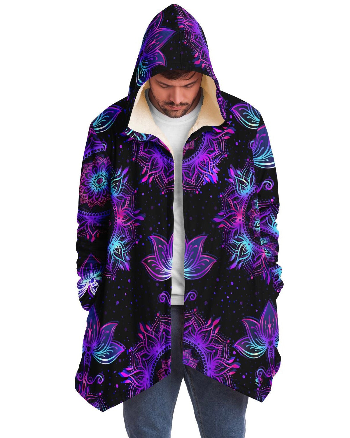 Frontal view of the model in the Starlight Mandala Cloak, looking downwards with the cloak closed.