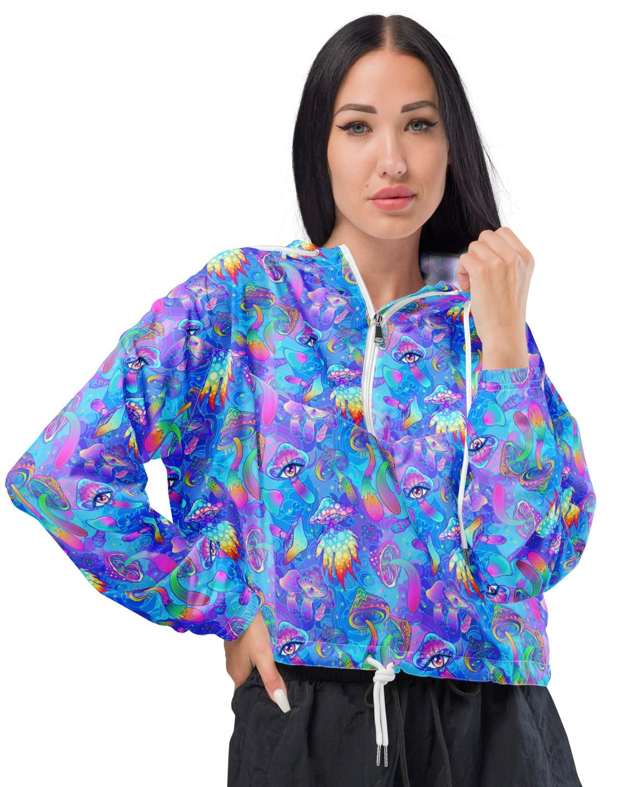 Shroomin Blue Cropped Windbreaker, Zip-Up Jacket, - One Stop Rave