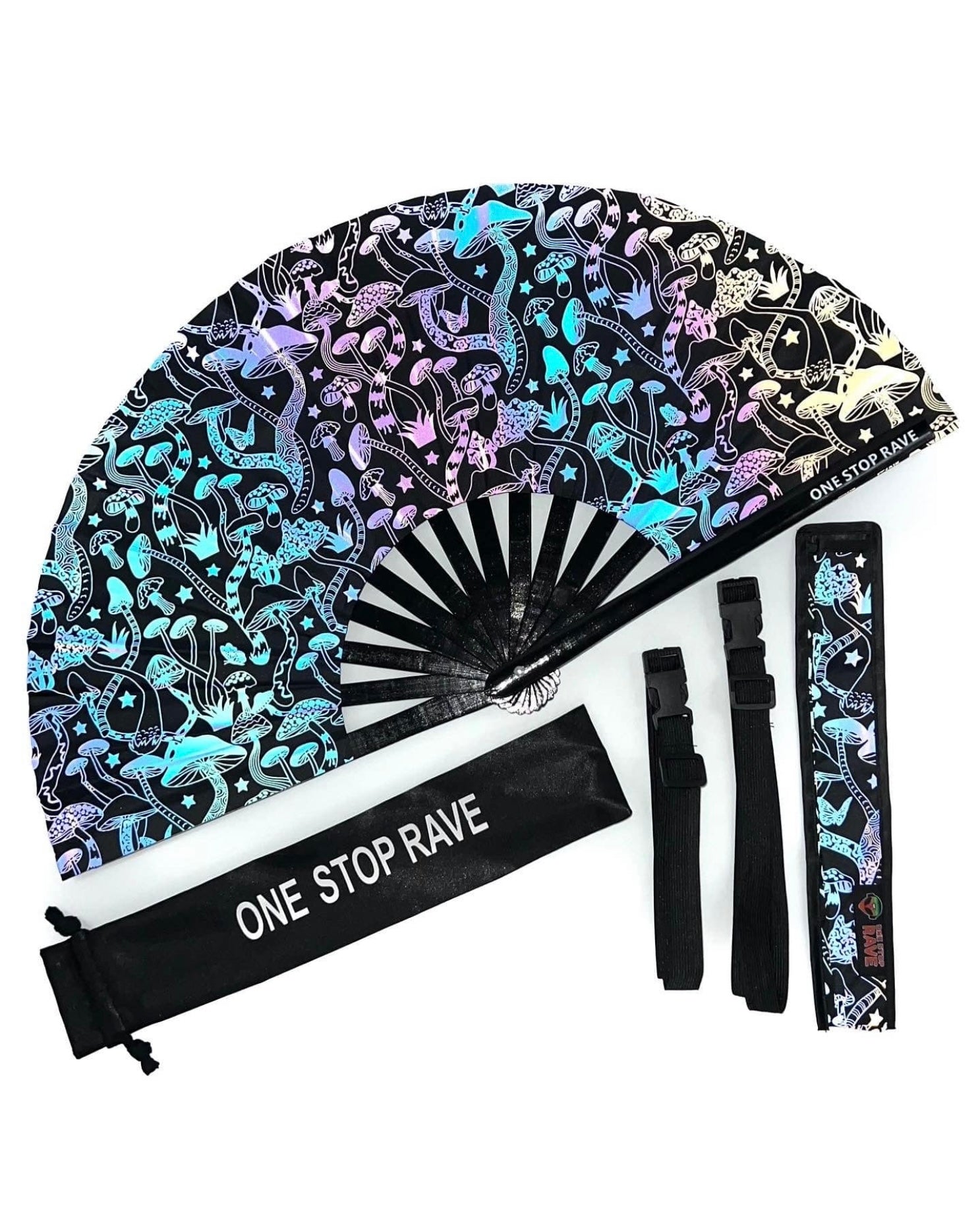 Magic Mushroom Reflective Festival Hand Fan shown with compatible One Stop Rave fan holster and fan pouch, sold separately.