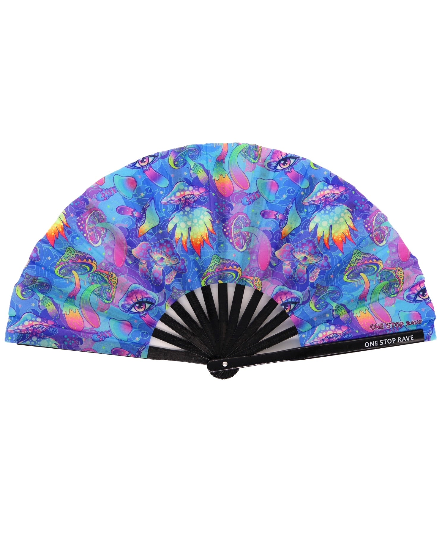 Shroomin Blue UV reactive festival hand fan with psychedelic mushroom print