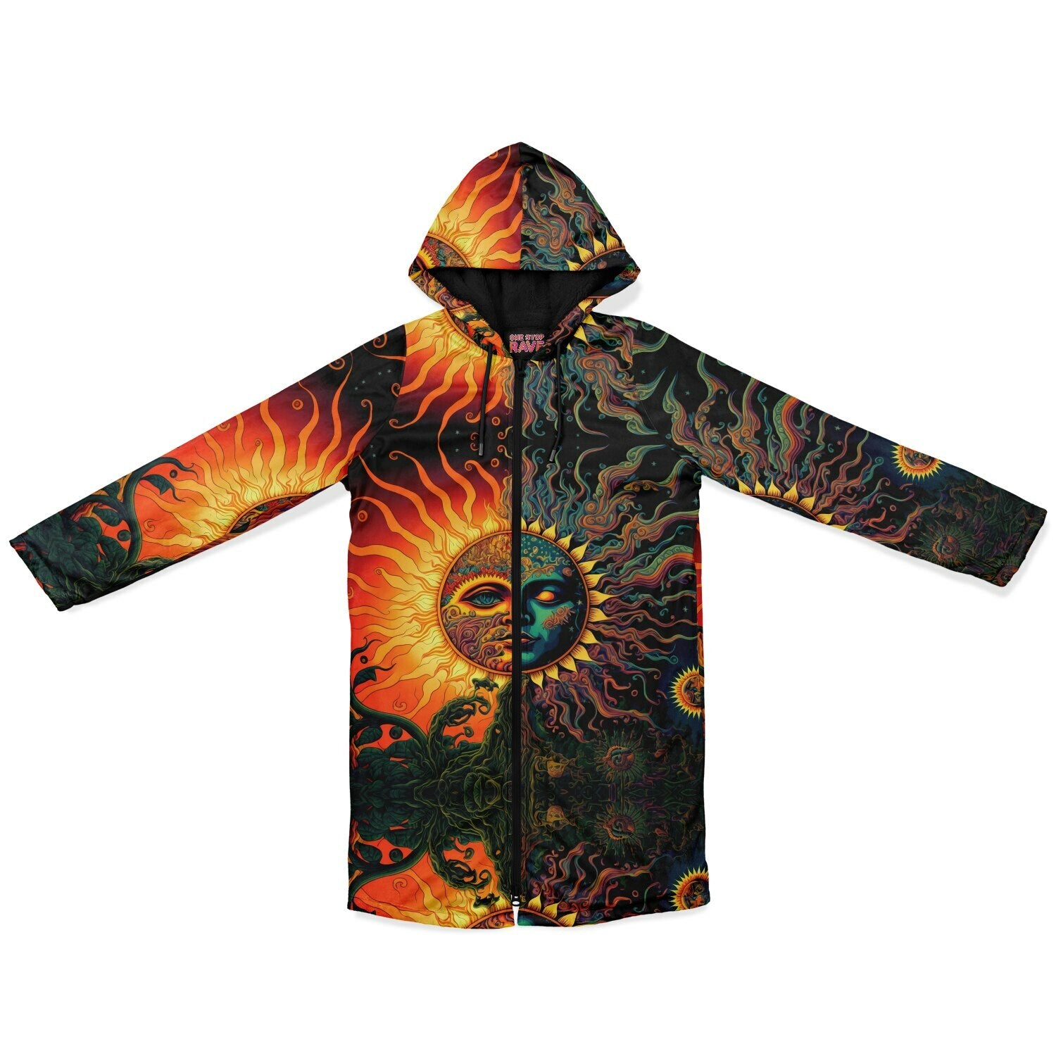 Front of Apollo zipper cloak with sun and flame design on a white background