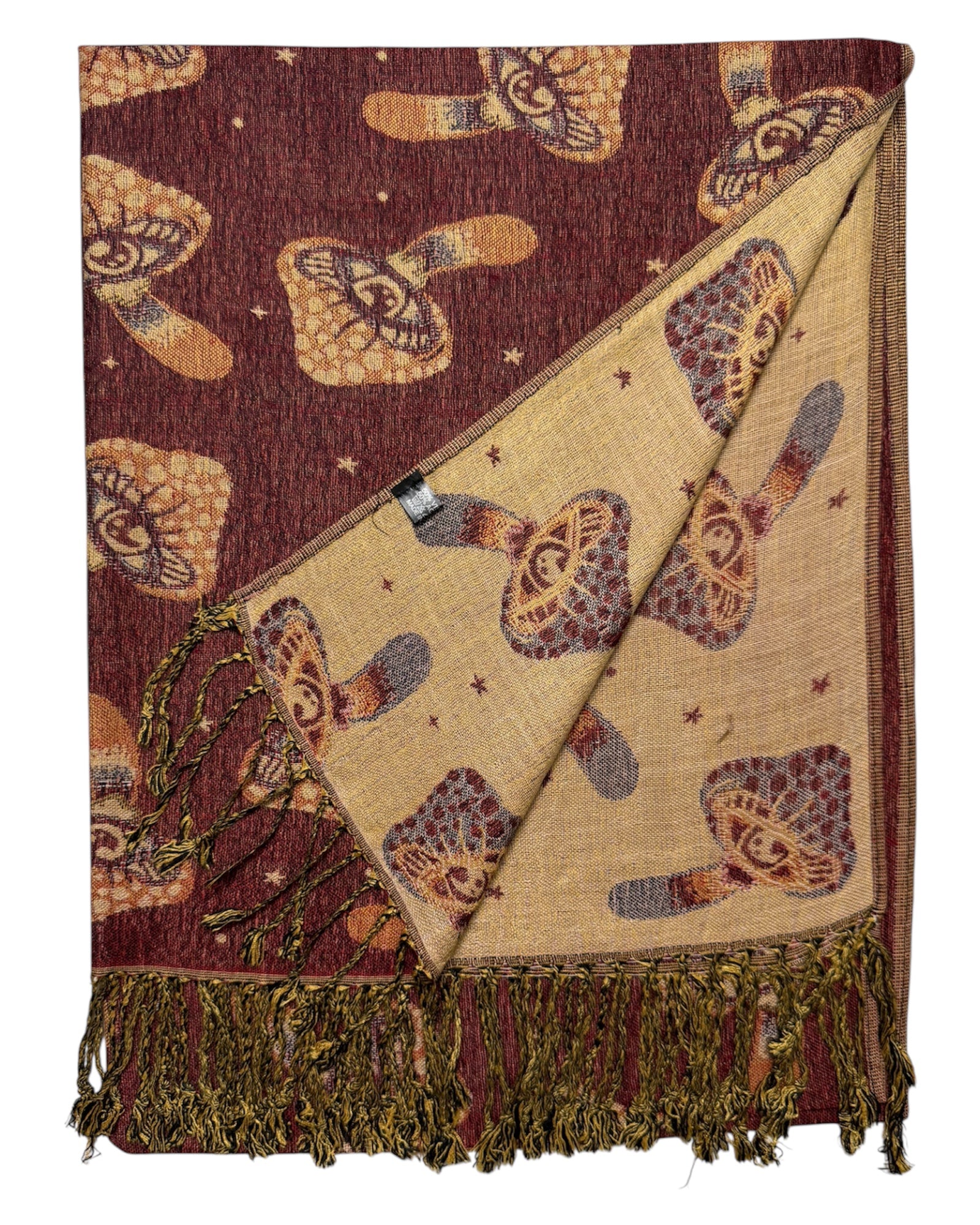 Burgundy & Tan Reversible Mushroom Eyes Rave Pashmina