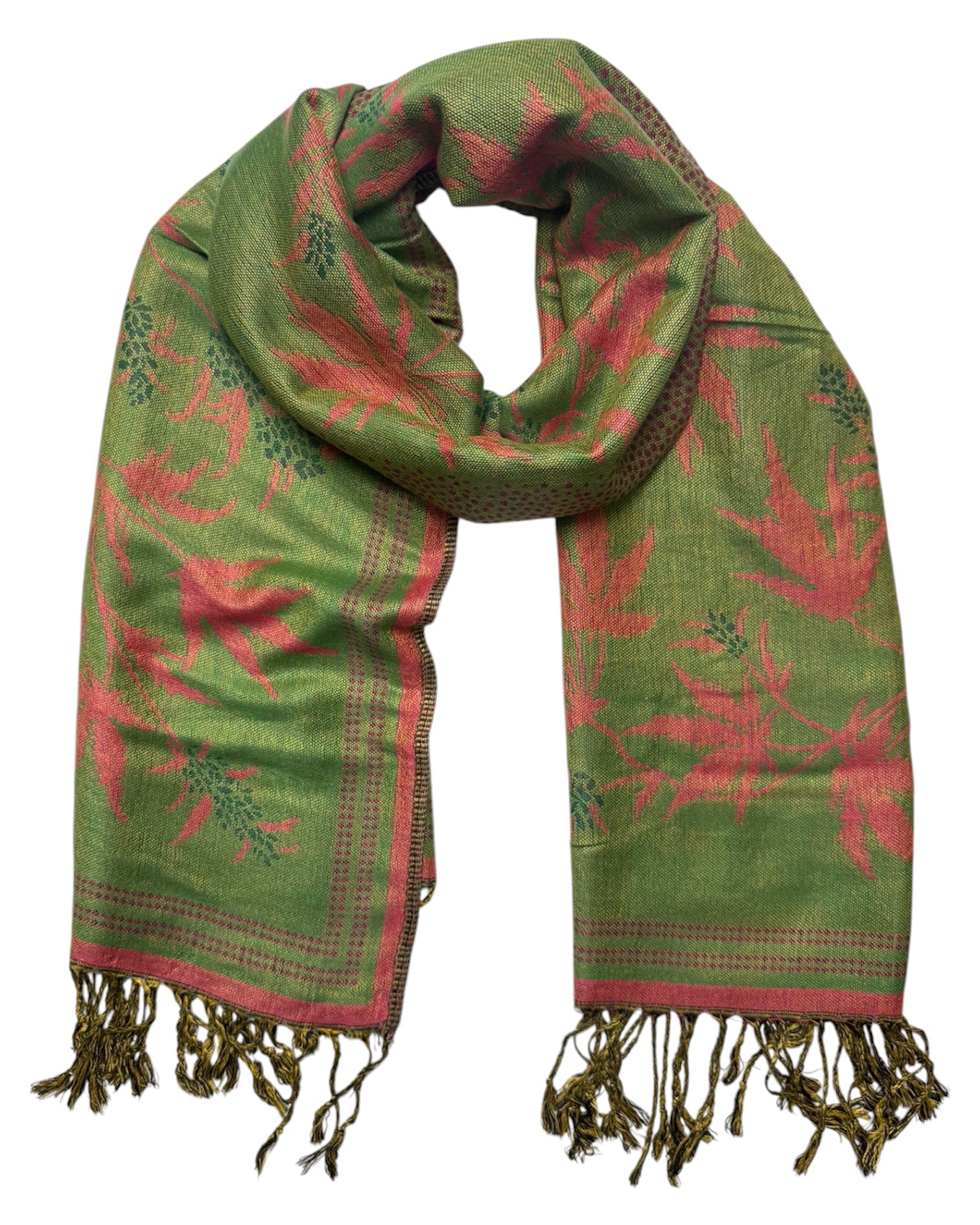 Green and red patterned scarf with tassels on a white background