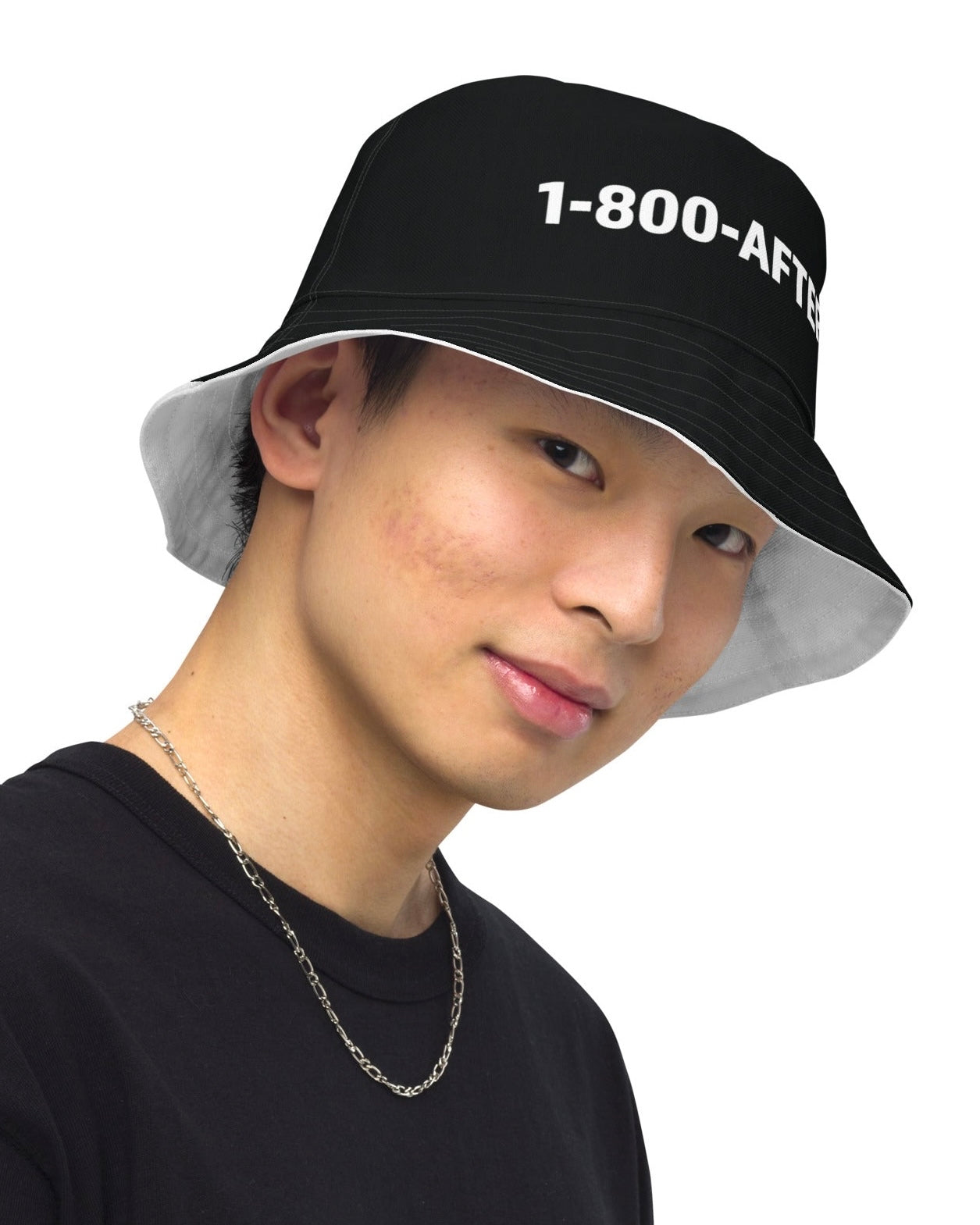 Bottom view of 1-800-Afters Reversible Bucket Hat Black Side on model