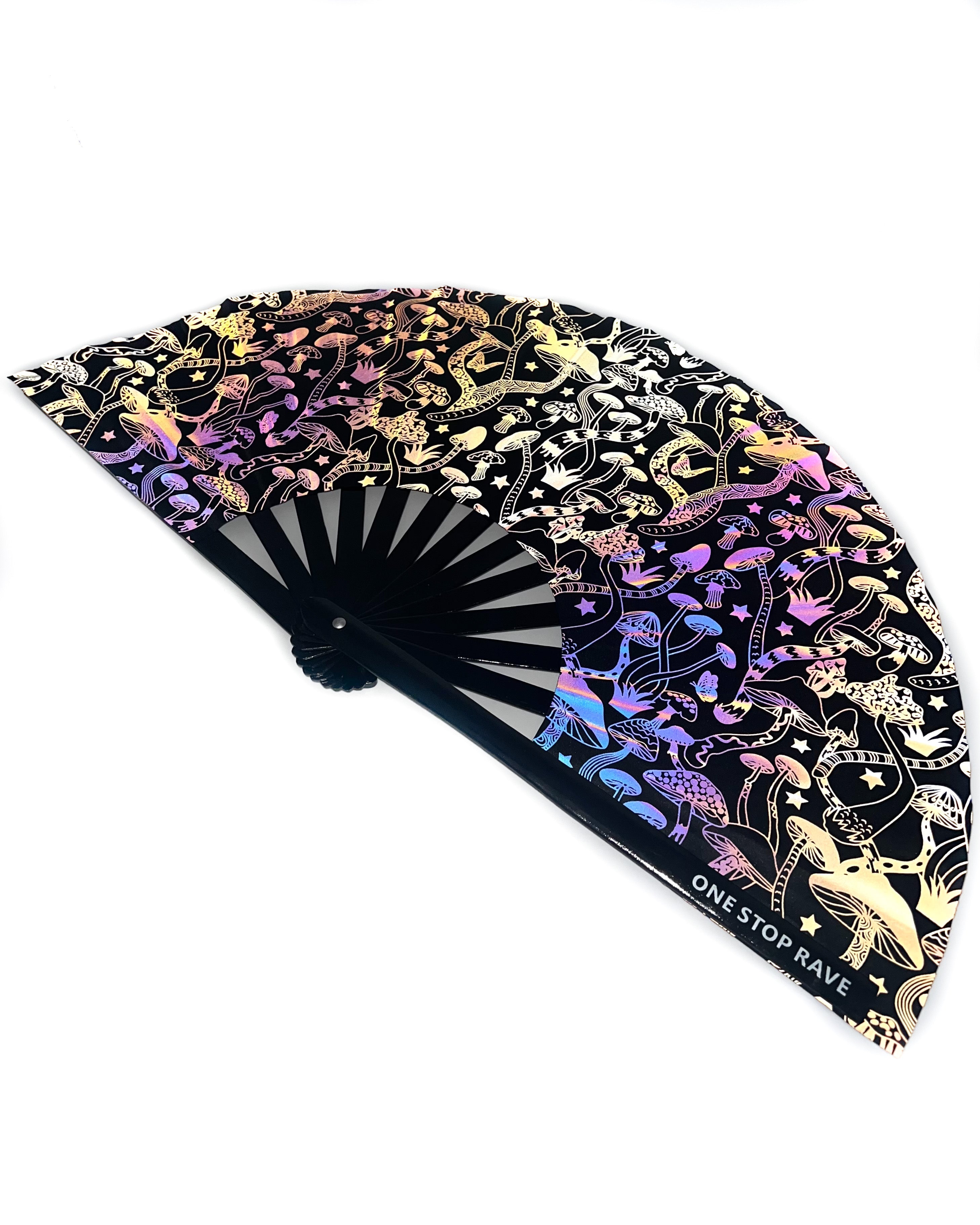 Angled view of the Magic Mushroom Reflective Festival Hand Fan with flash on.