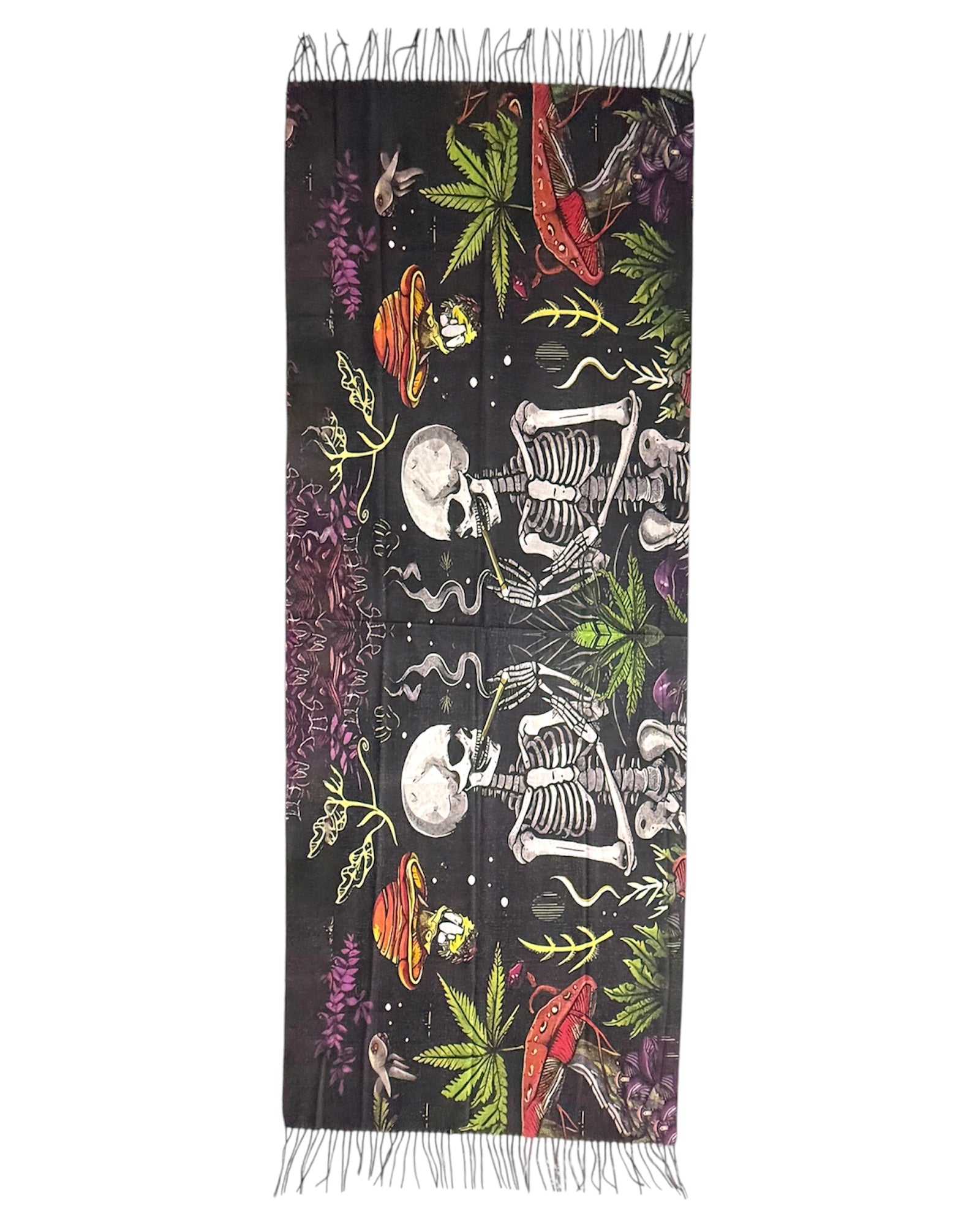 Astro Skeleton pashmina scarf flat lay showing mirrored psychedelic skeleton and mushroom design with fringe trim.