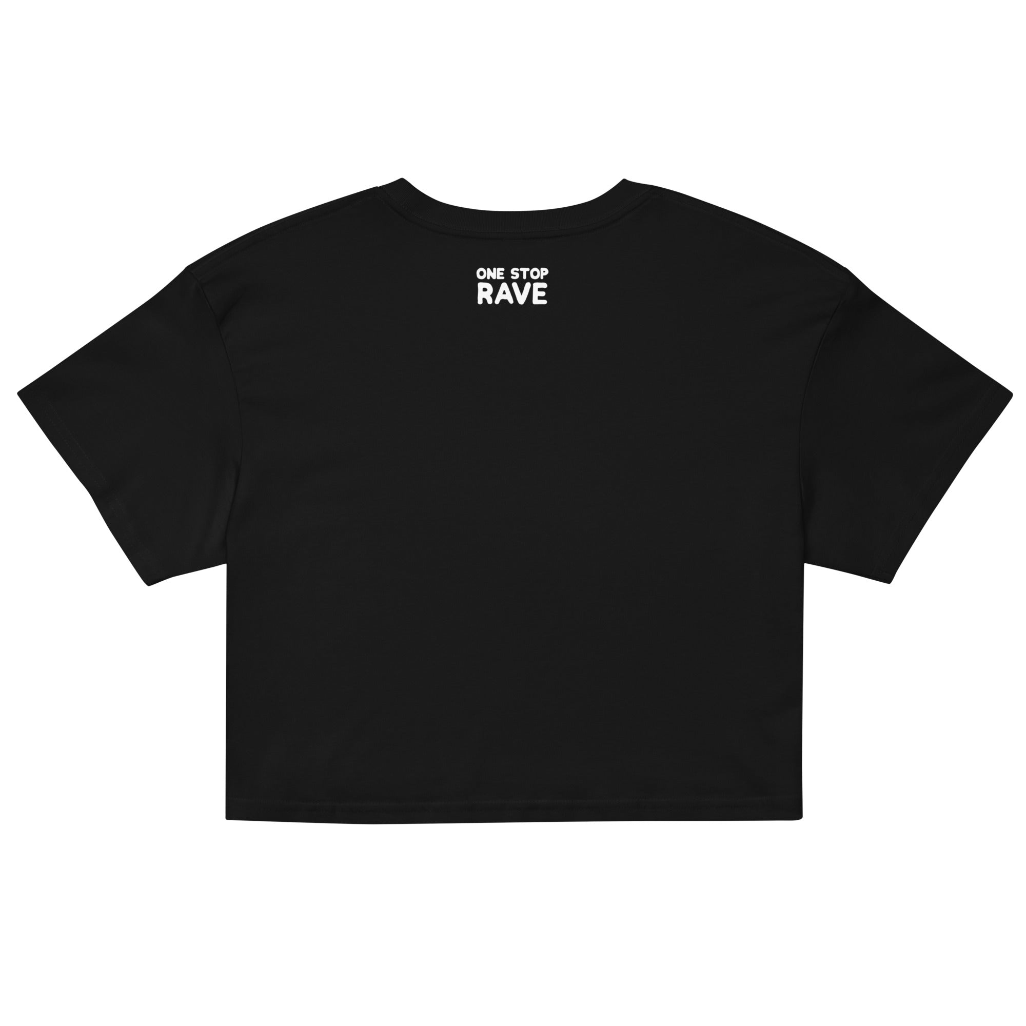 Black oversized crop top with small "One Stop Rave" logo text printed at the back neckline.