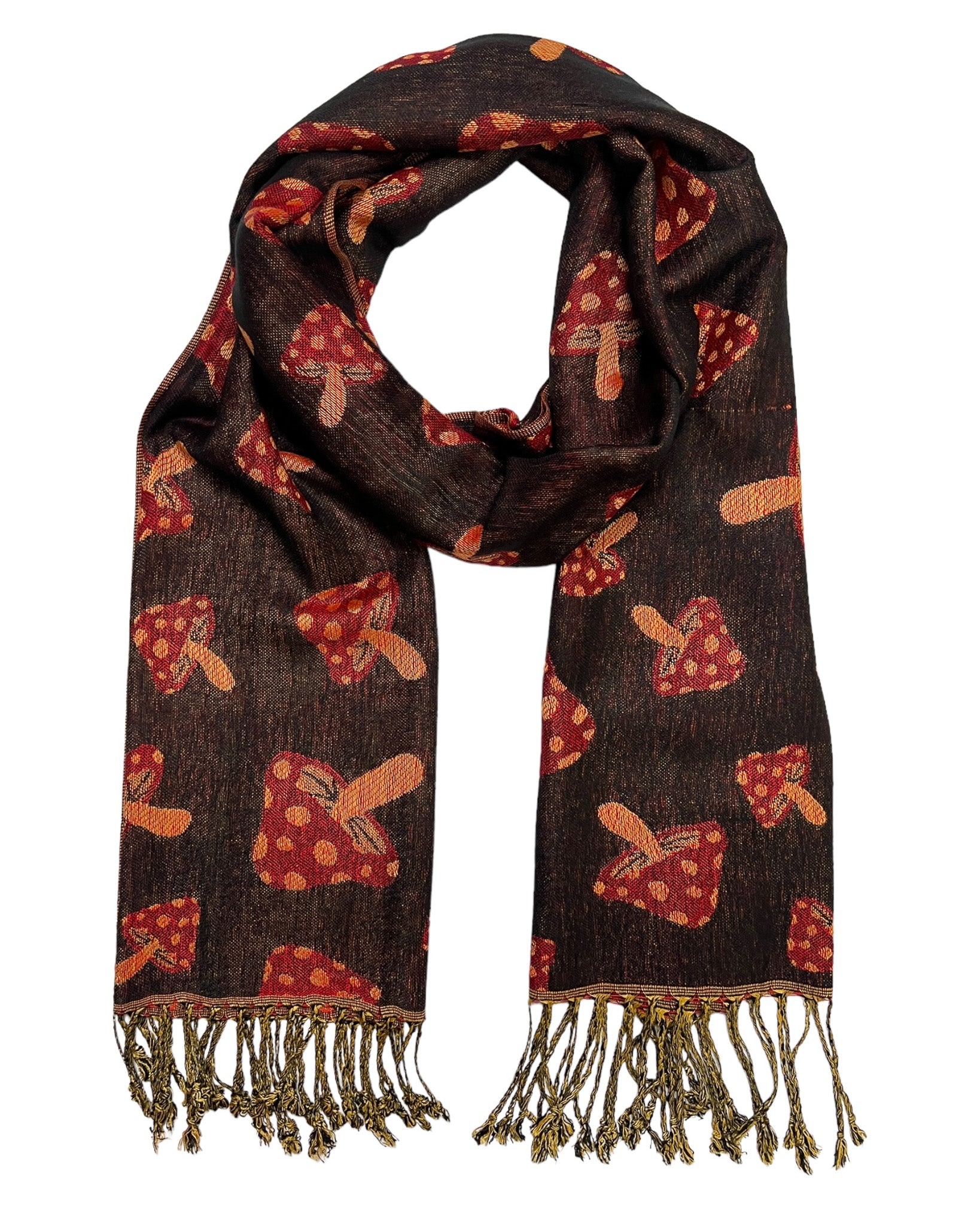 A black and orange reversible pashmina scarf with a mushroom pattern, fringes on the ends, and a silky, wrinkle-free fabric.