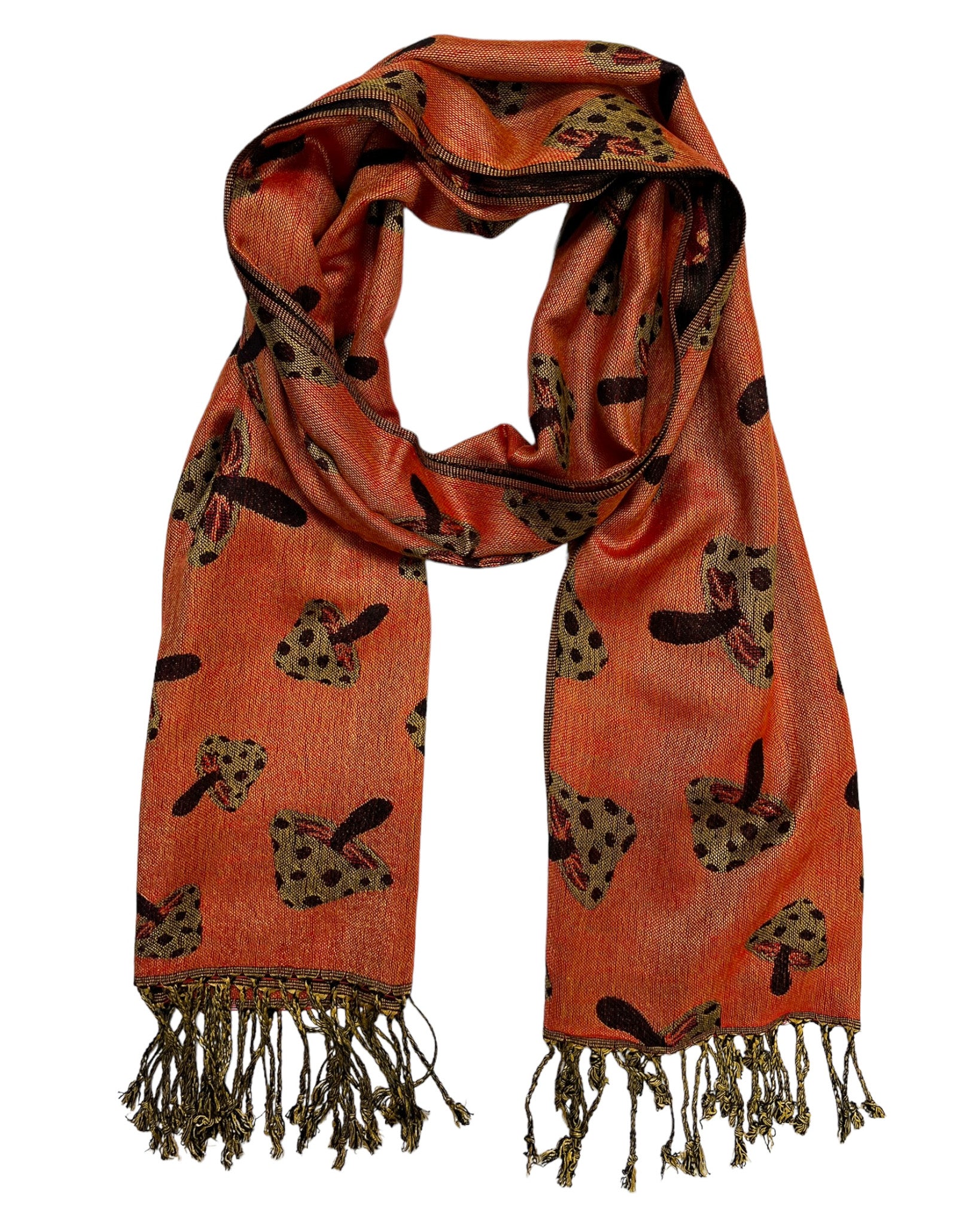 A black and orange reversible pashmina scarf with a mushroom pattern, fringes on the ends, and a silky, wrinkle-free fabric.