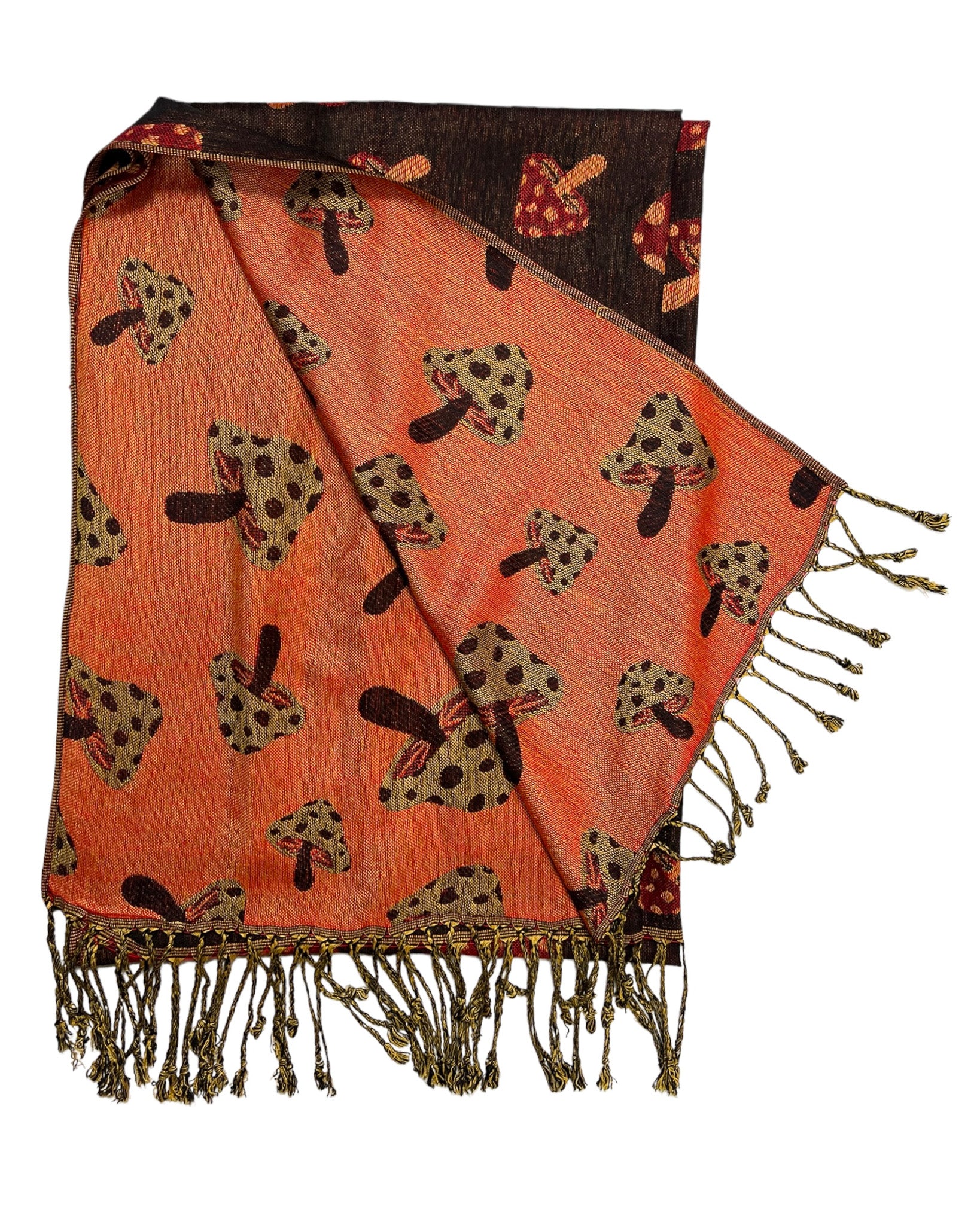 A black and orange reversible pashmina scarf with a mushroom pattern, fringes on the ends, and a silky, wrinkle-free fabric.