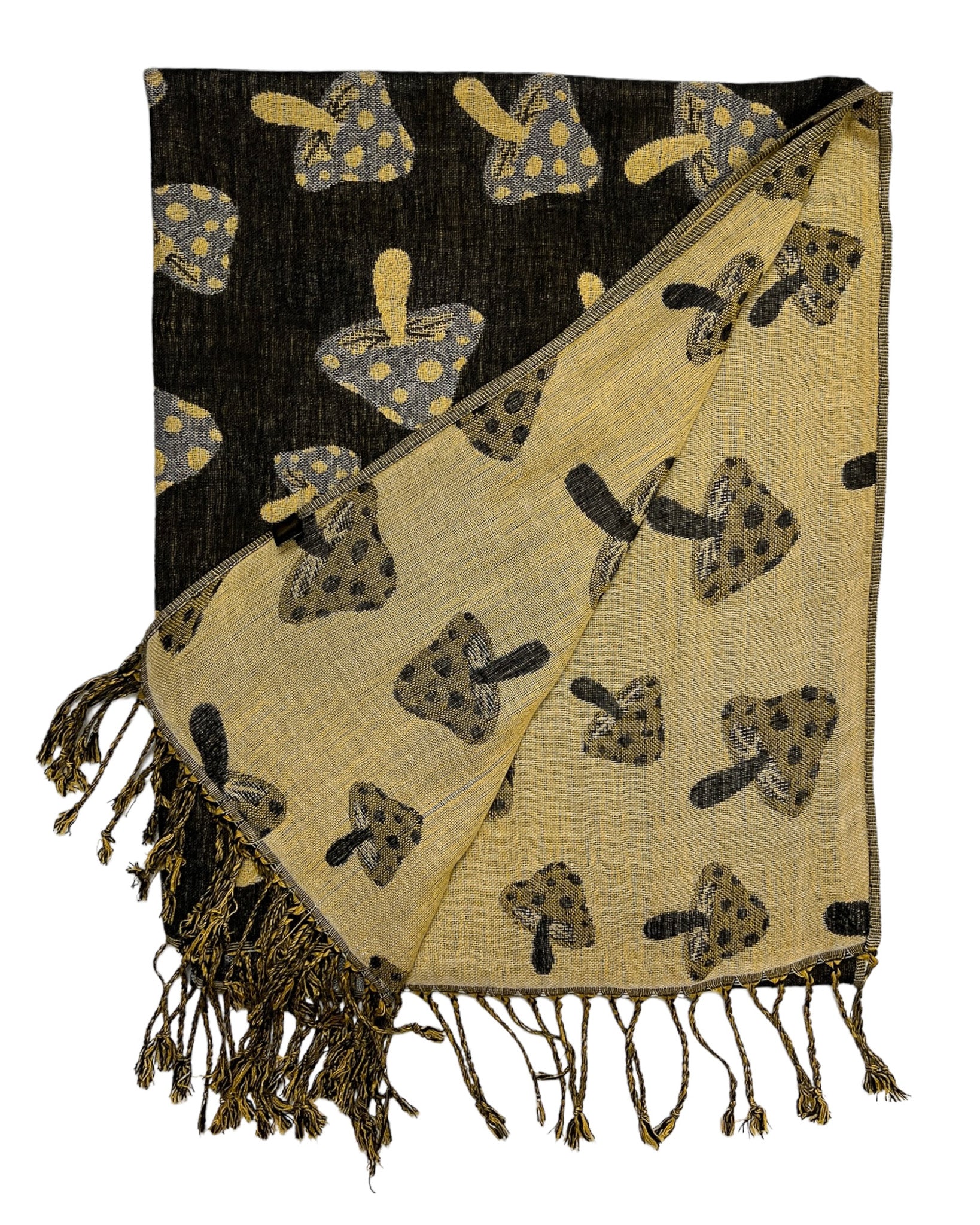 A black and tan reversible pashmina with a mushroom pattern, fringes on the ends, and a silky, wrinkle-free finish.