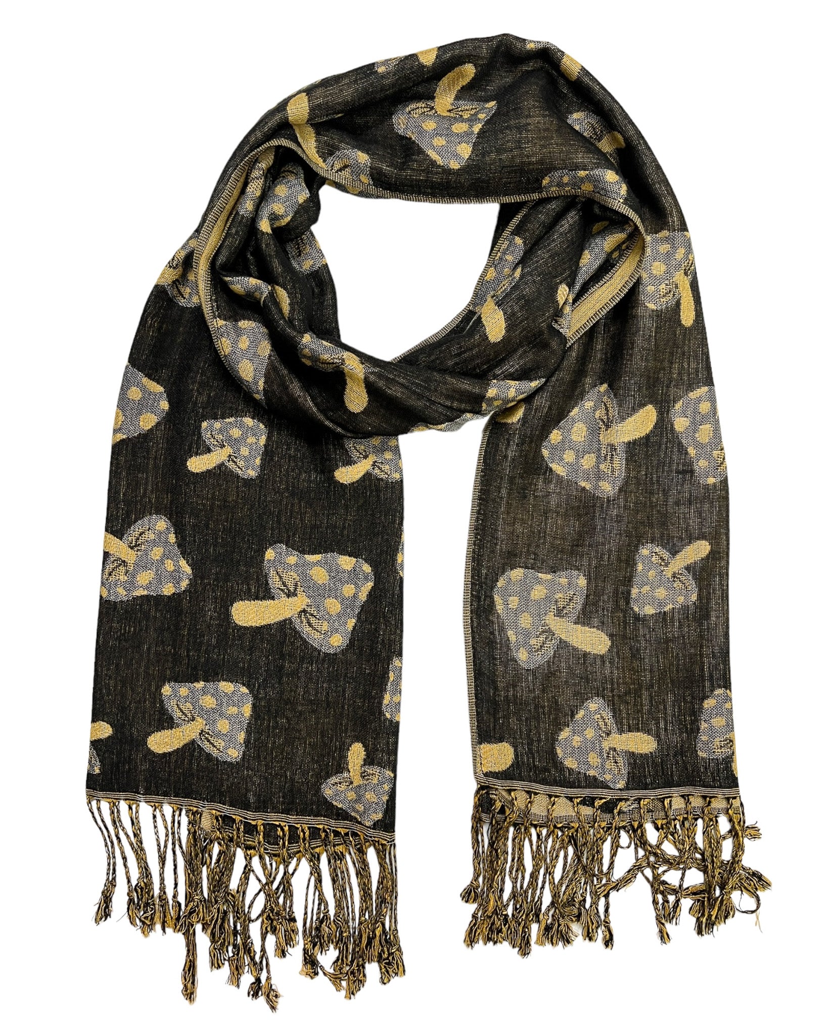 A black and tan reversible pashmina with a mushroom pattern, fringes on the ends, and a silky, wrinkle-free finish.