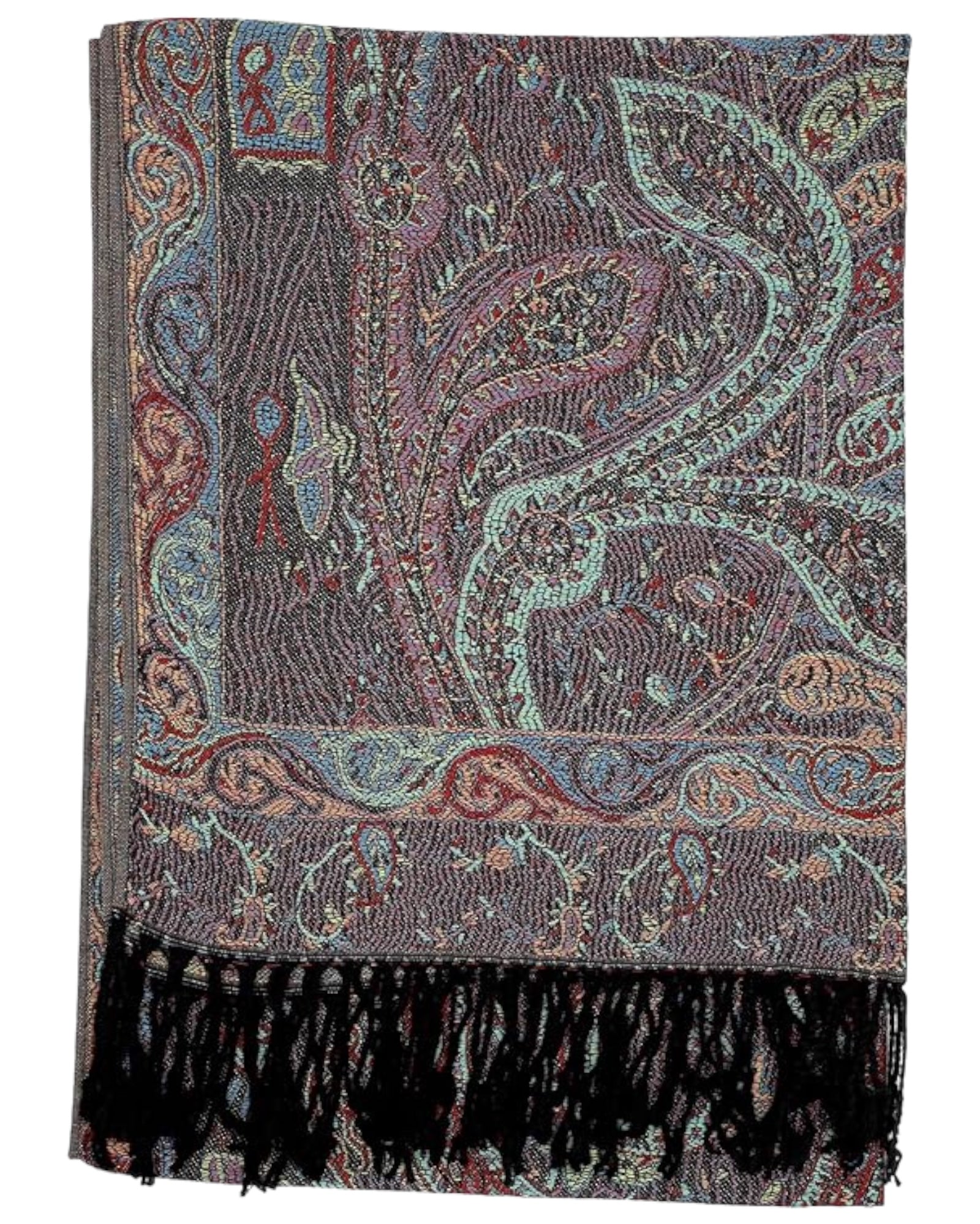 A black pashmina with a paisley pattern spread out, showing off its full length and fringes.