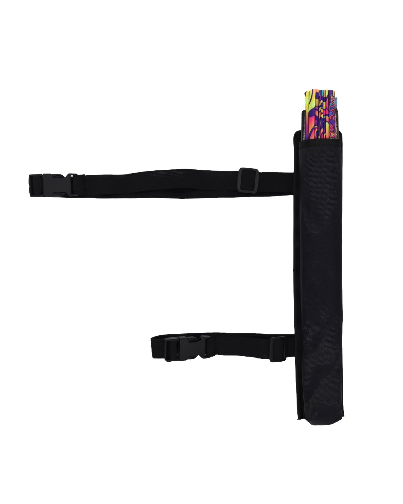 Black festival fan holster worn with straps attached. (Hand fan sold separately)