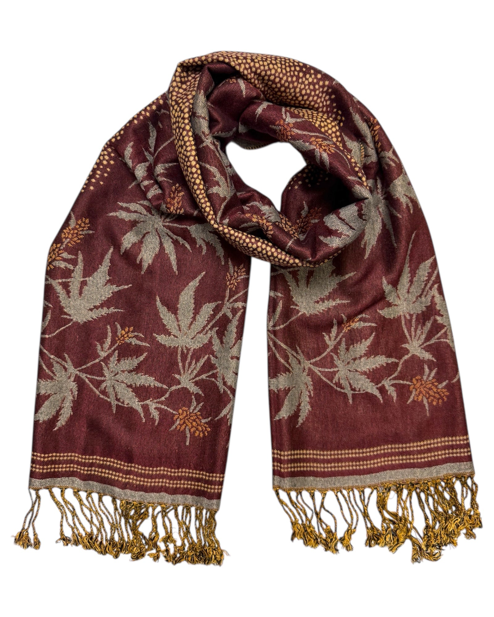 Blaze reversible rave pashmina in burgundy and gold with leaf pattern and fringe