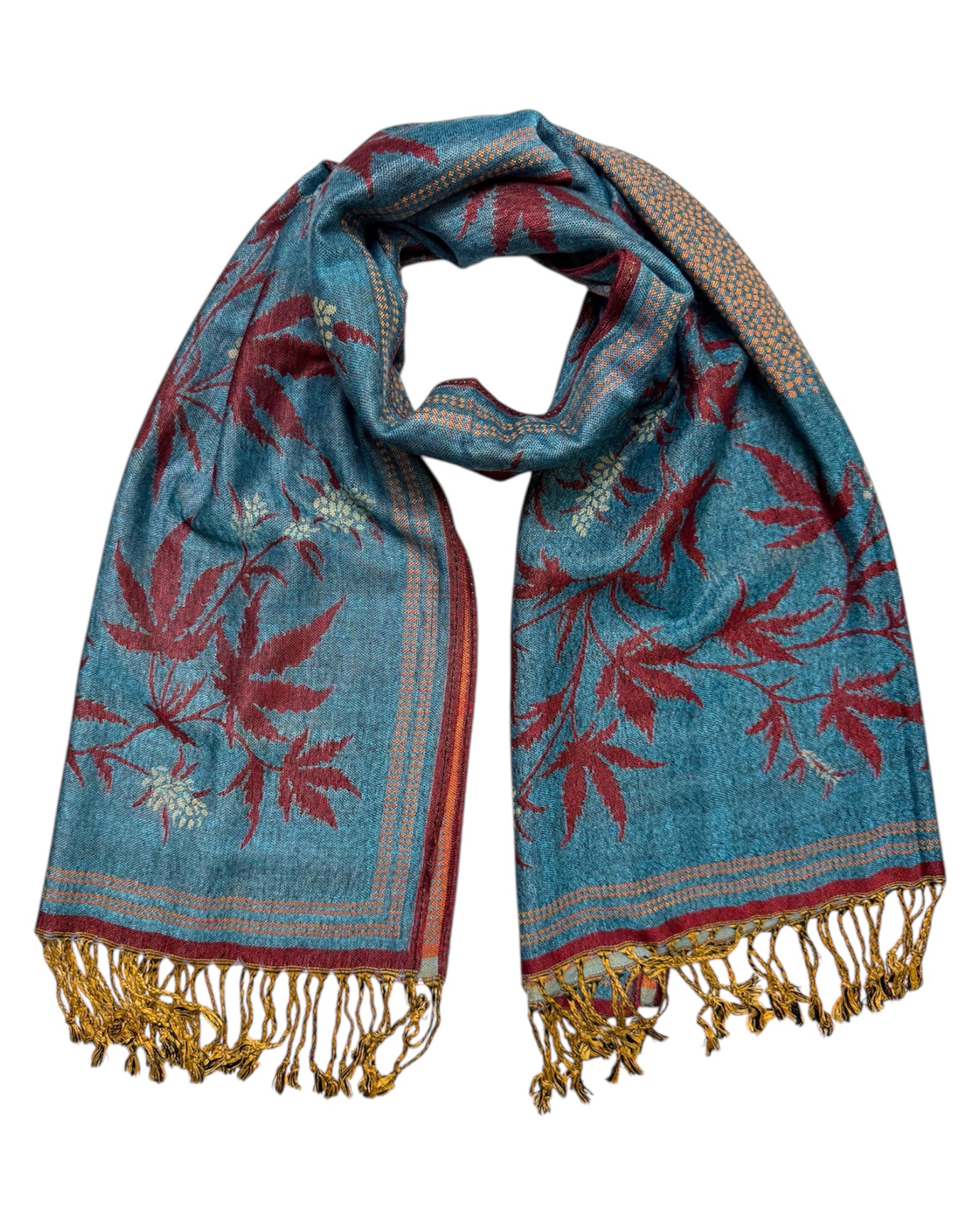 Blue blaze pashmina scarf with red 420 leaf pattern and gold fringe on a white background