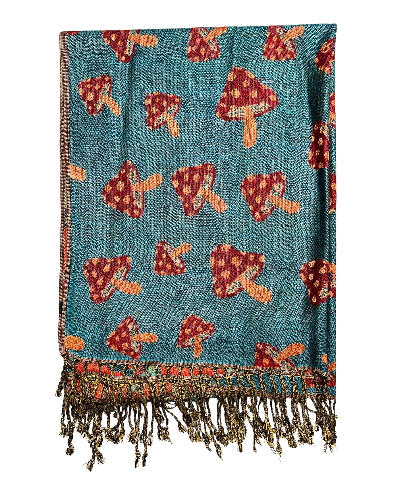 Blue and Orange Mushroom Rave Pashmina with gold and black tassels on a white background. 