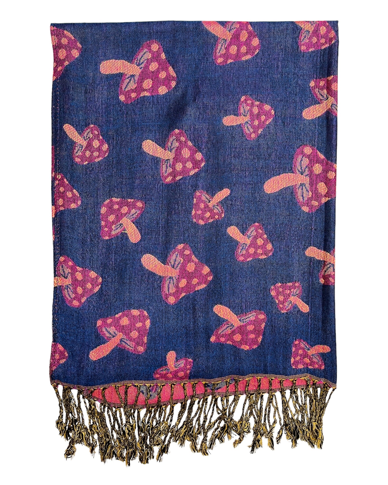 A blue and pink reversible pashmina with a mushroom pattern and fringes.