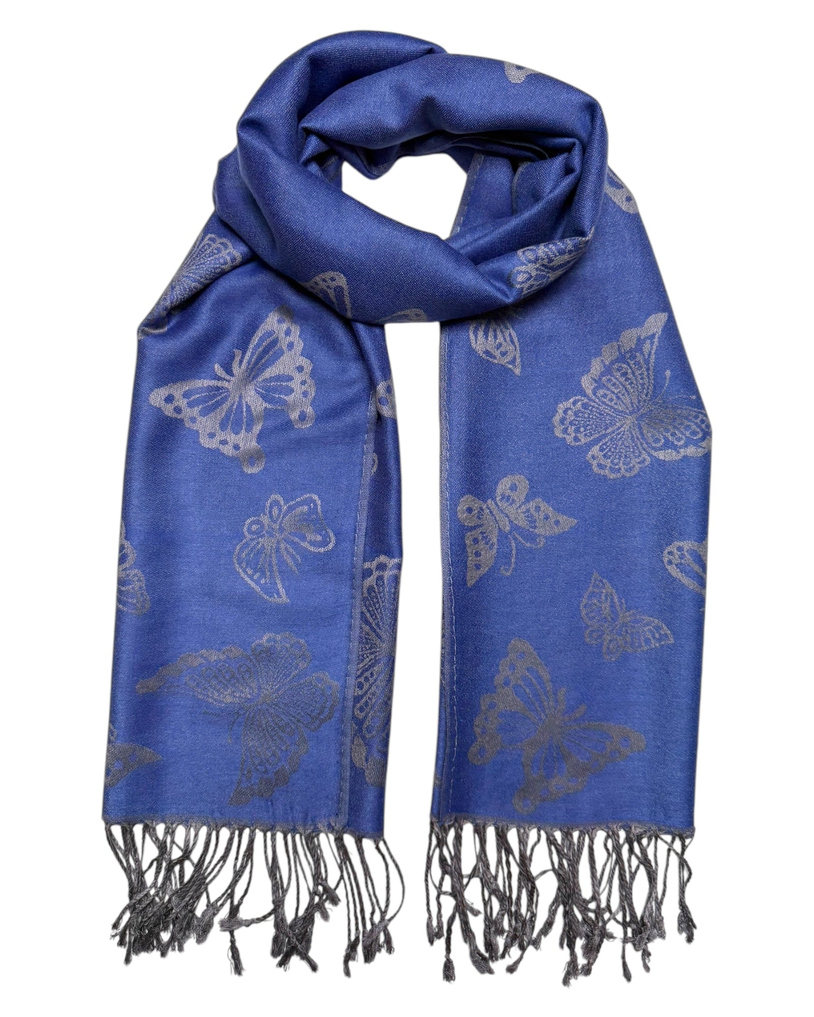 Pashmina reversible con diseño de mariposas en azul y plata