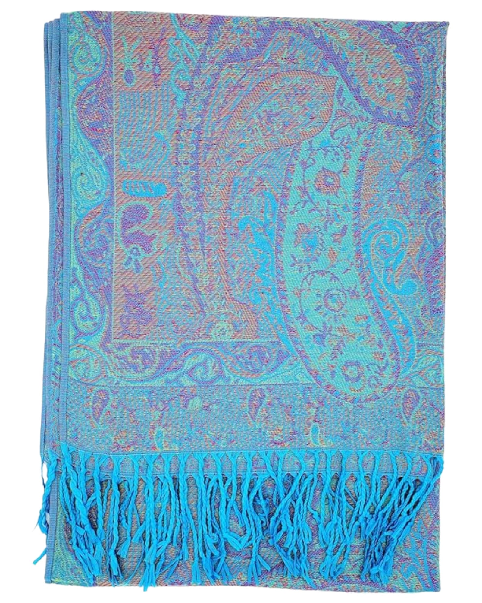 Blue paisley patterned scarf with pink/ purple accents and blue tassels