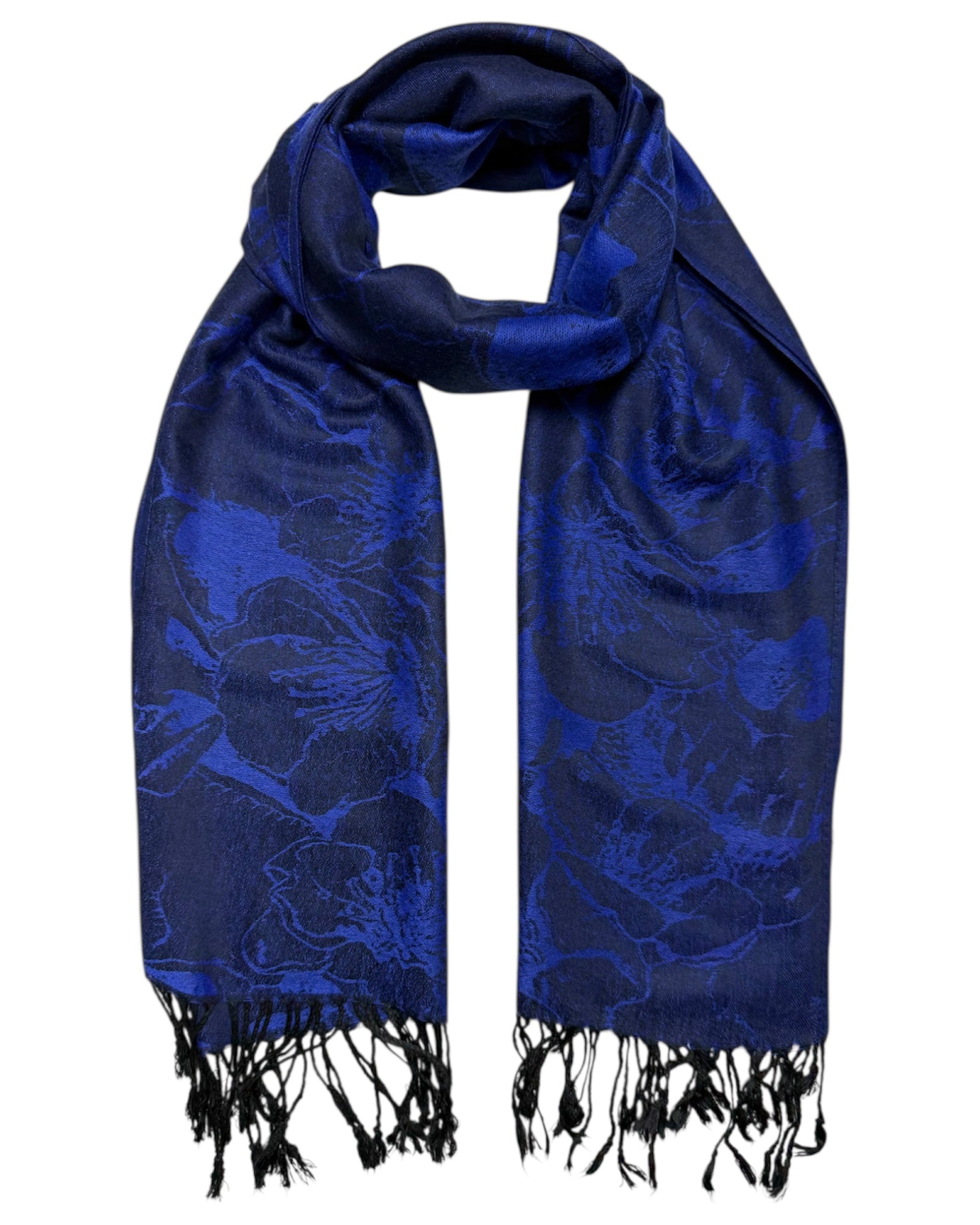 Blue patterned scarf with black tassels on a black skull patterned pashmina