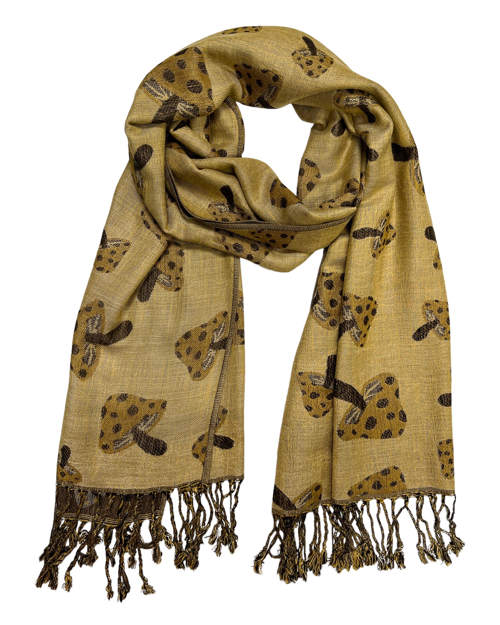 A brown pashmina scarf with a mushroom pattern, draped elegantly with fringes on a white background.
