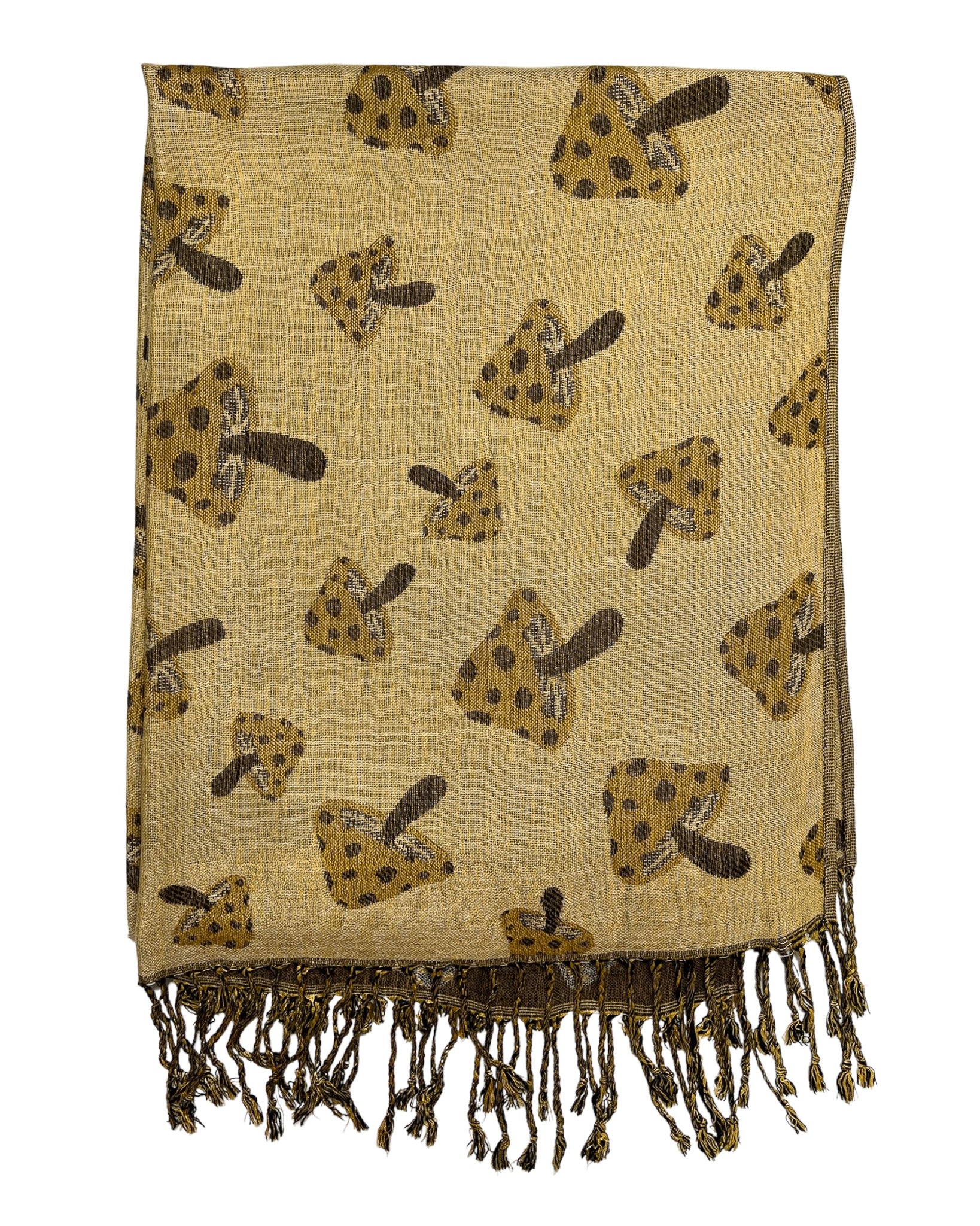 A brown pashmina scarf with a mushroom pattern, draped elegantly with fringes on a white background.
